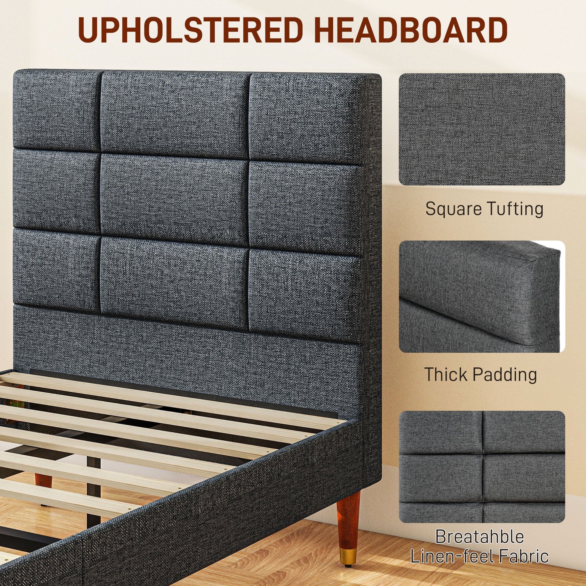 HOMCOM 3ft Single Bed Frame with Underbed Storage, Upholstered Platform Bed Frame with Tufted Headboard and Wood Slat Support, No Box Spring Needed, Easy Assembly, Grey