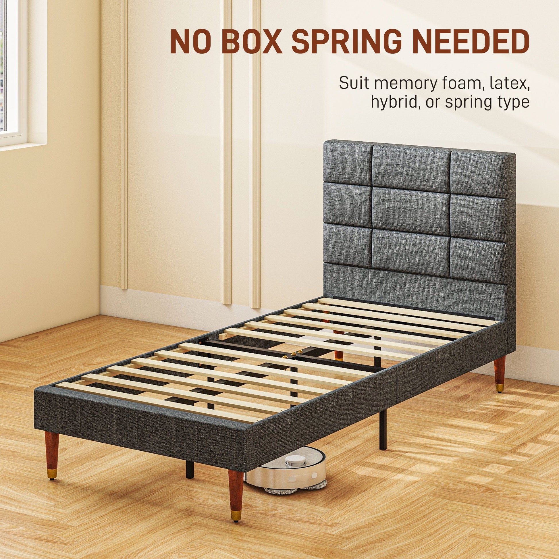 HOMCOM 3ft Single Bed Frame with Underbed Storage, Upholstered Platform Bed Frame with Tufted Headboard and Wood Slat Support, No Box Spring Needed, Easy Assembly, Grey