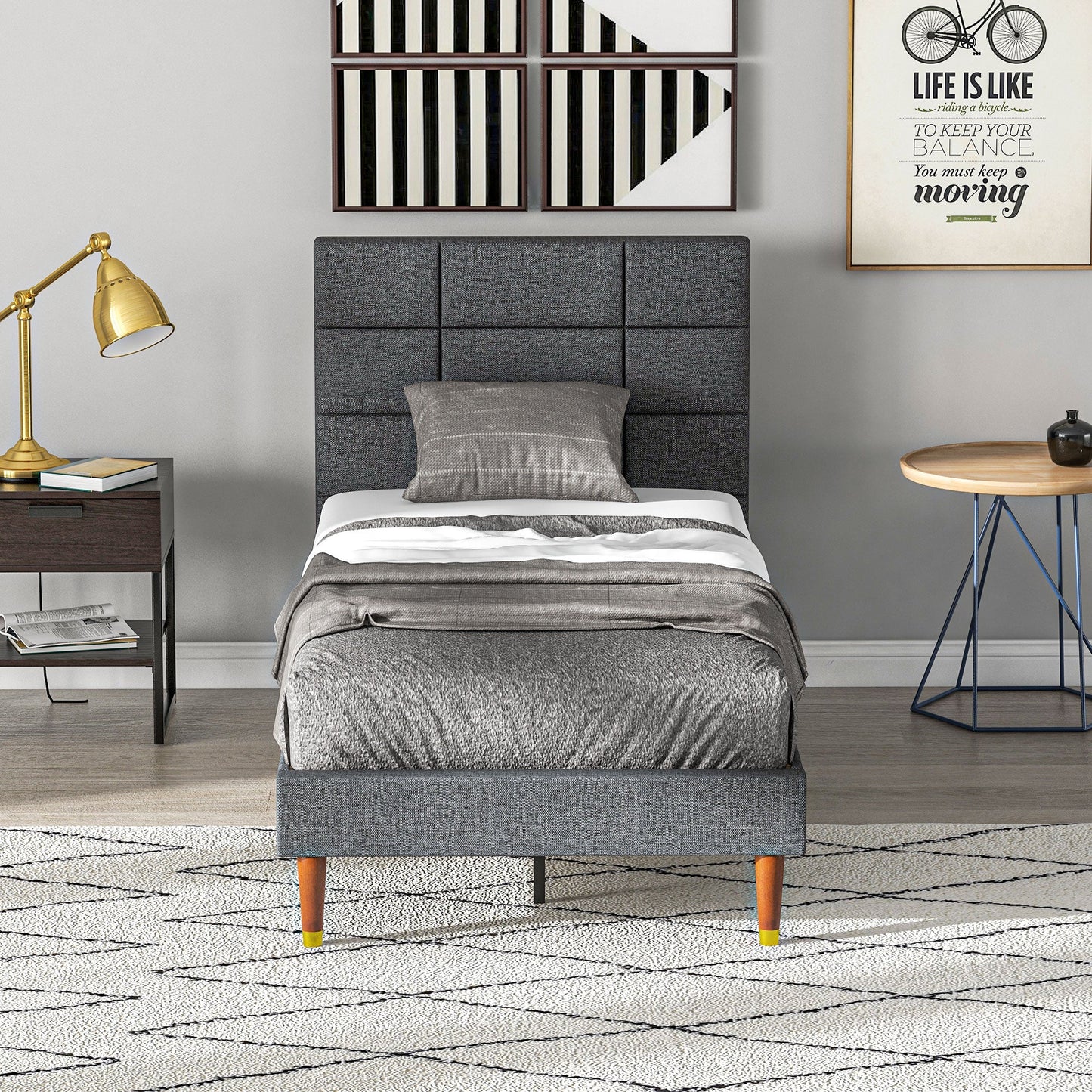 HOMCOM 3ft Single Bed Frame with Underbed Storage, Upholstered Platform Bed Frame with Tufted Headboard and Wood Slat Support, No Box Spring Needed, Easy Assembly, Grey