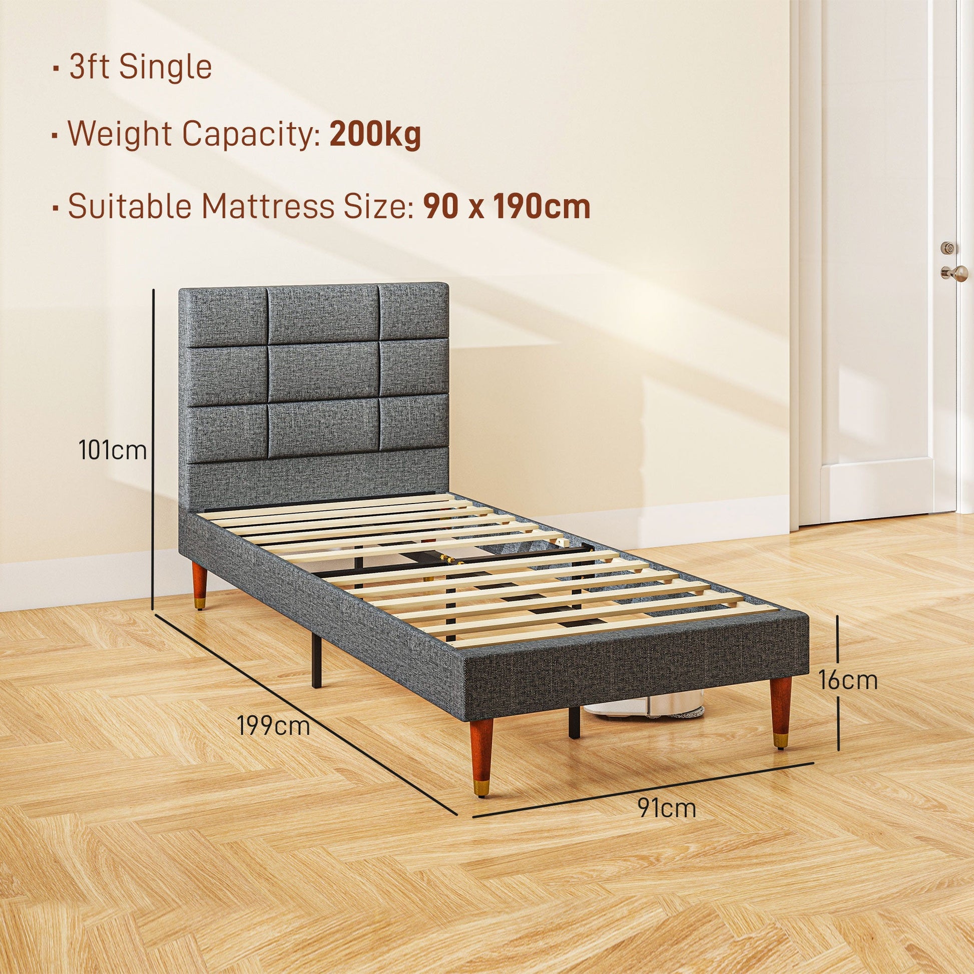 HOMCOM 3ft Single Bed Frame with Underbed Storage, Upholstered Platform Bed Frame with Tufted Headboard and Wood Slat Support, No Box Spring Needed, Easy Assembly, Grey