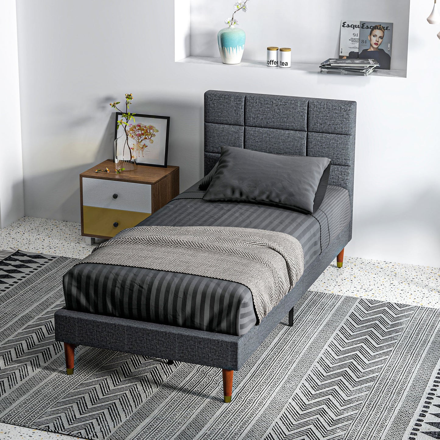 HOMCOM 3ft Single Bed Frame with Underbed Storage, Upholstered Platform Bed Frame with Tufted Headboard and Wood Slat Support, No Box Spring Needed, Easy Assembly, Grey