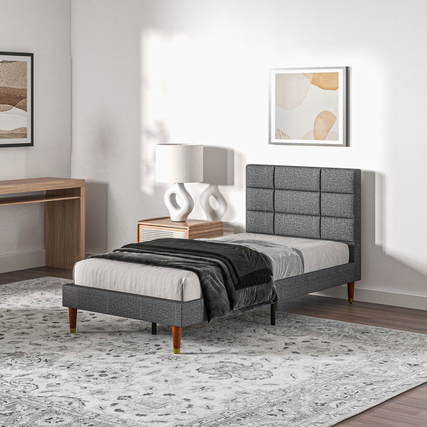 HOMCOM 3ft Single Bed Frame with Underbed Storage, Upholstered Platform Bed Frame with Tufted Headboard and Wood Slat Support, No Box Spring Needed, Easy Assembly, Grey