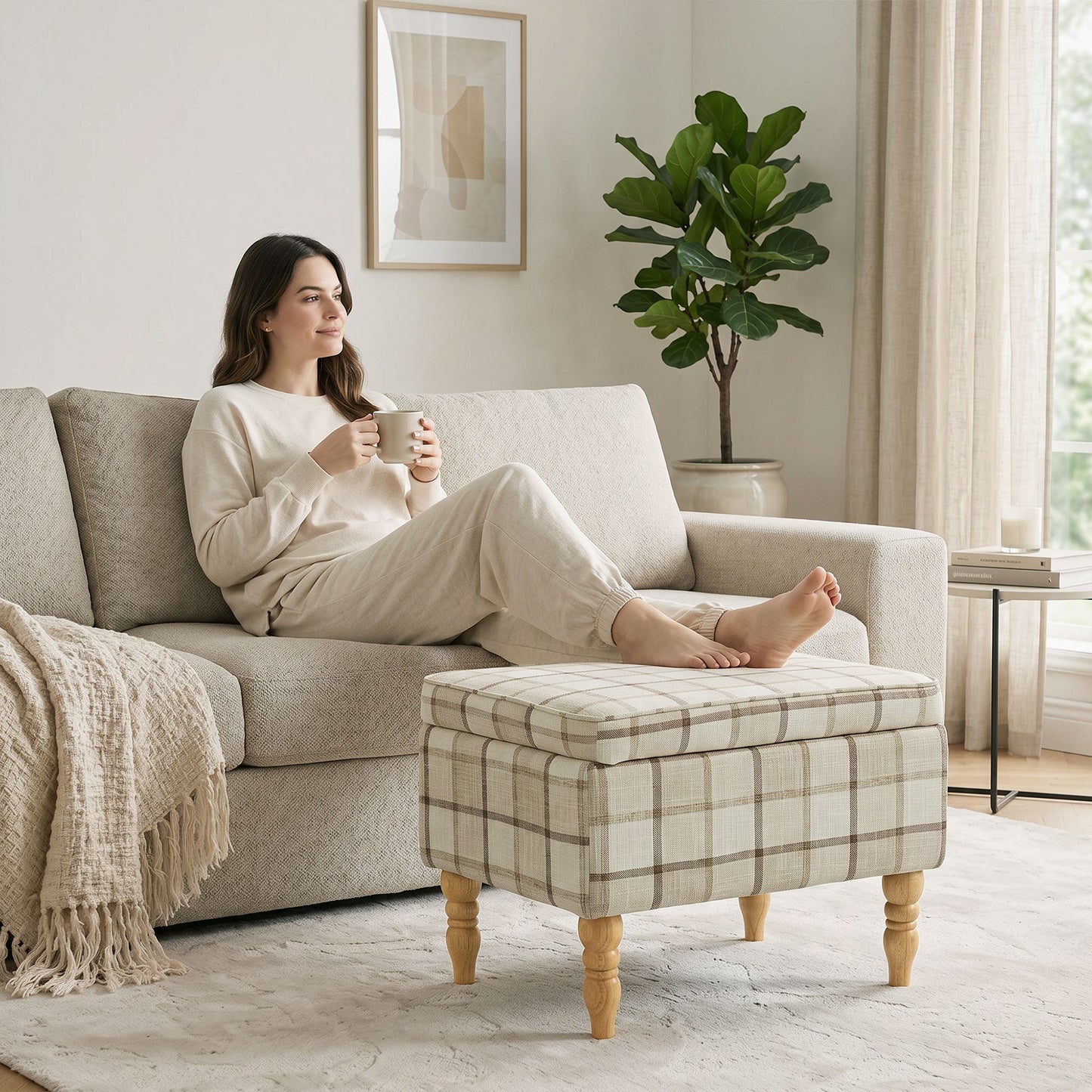 Rectangular Storage Stool, Linen-Look Fabric Upholstered Footstool with Removable Top, Padded Seat and Hidden Space for Living Room, Bedroom, Brown