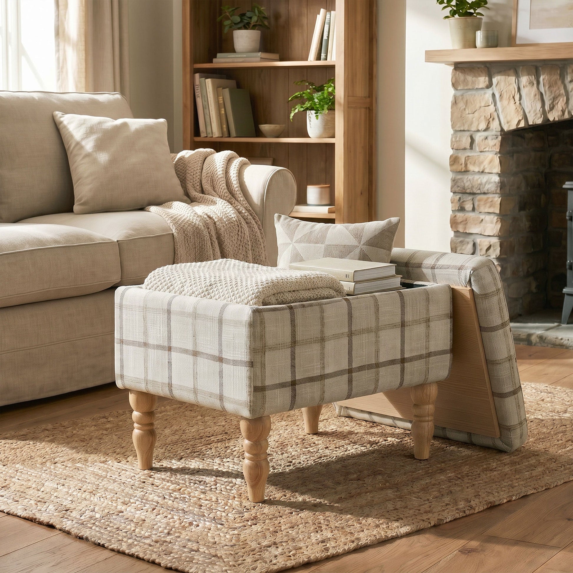 Rectangular Storage Stool, Linen-Look Fabric Upholstered Footstool with Removable Top, Padded Seat and Hidden Space for Living Room, Bedroom, Brown