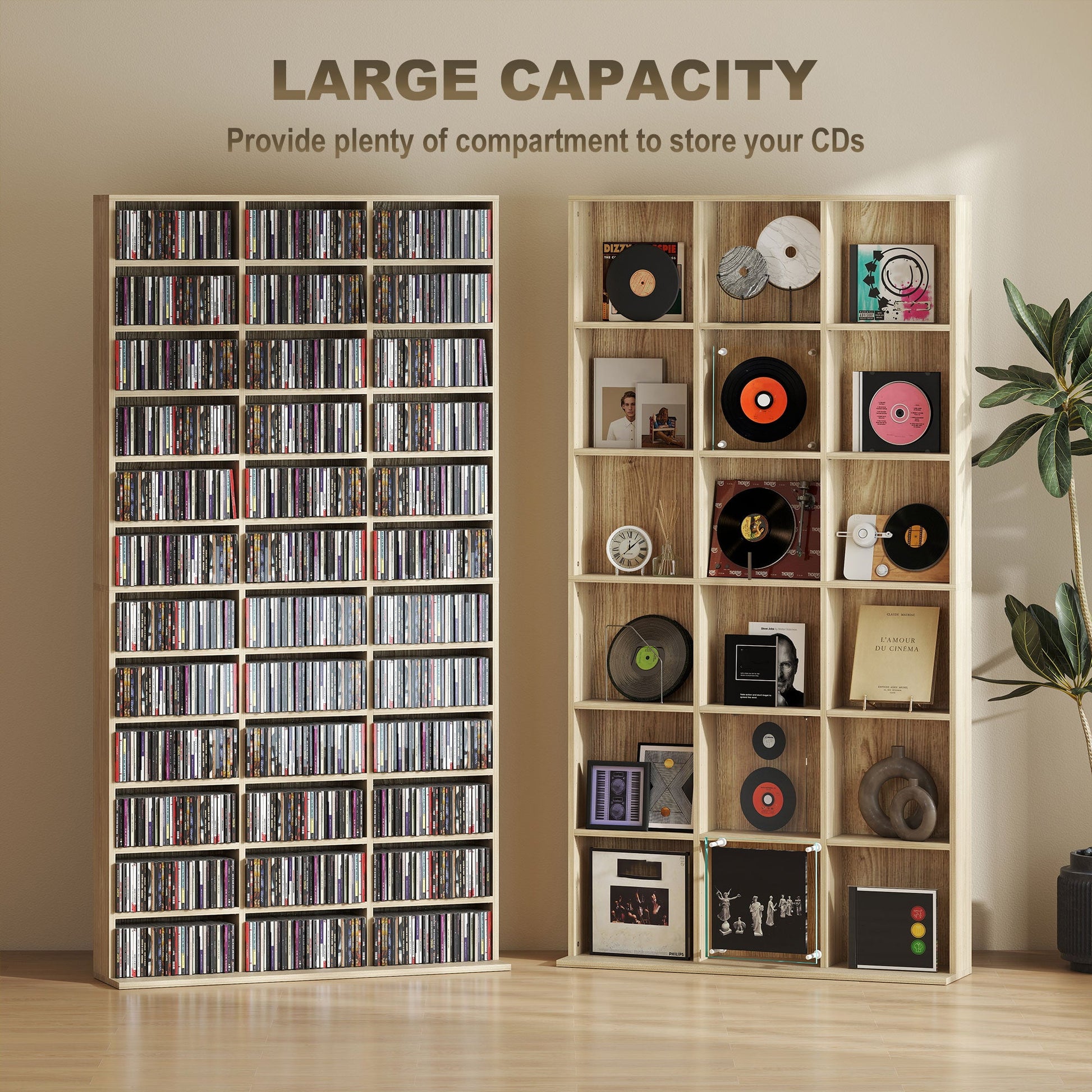 1116 CD/ 528 DVD Storage Unit, Media Storage Shelf, Wooden Display Unit with Adjustable Shelves, 102 x 195 cm, Oak Tone