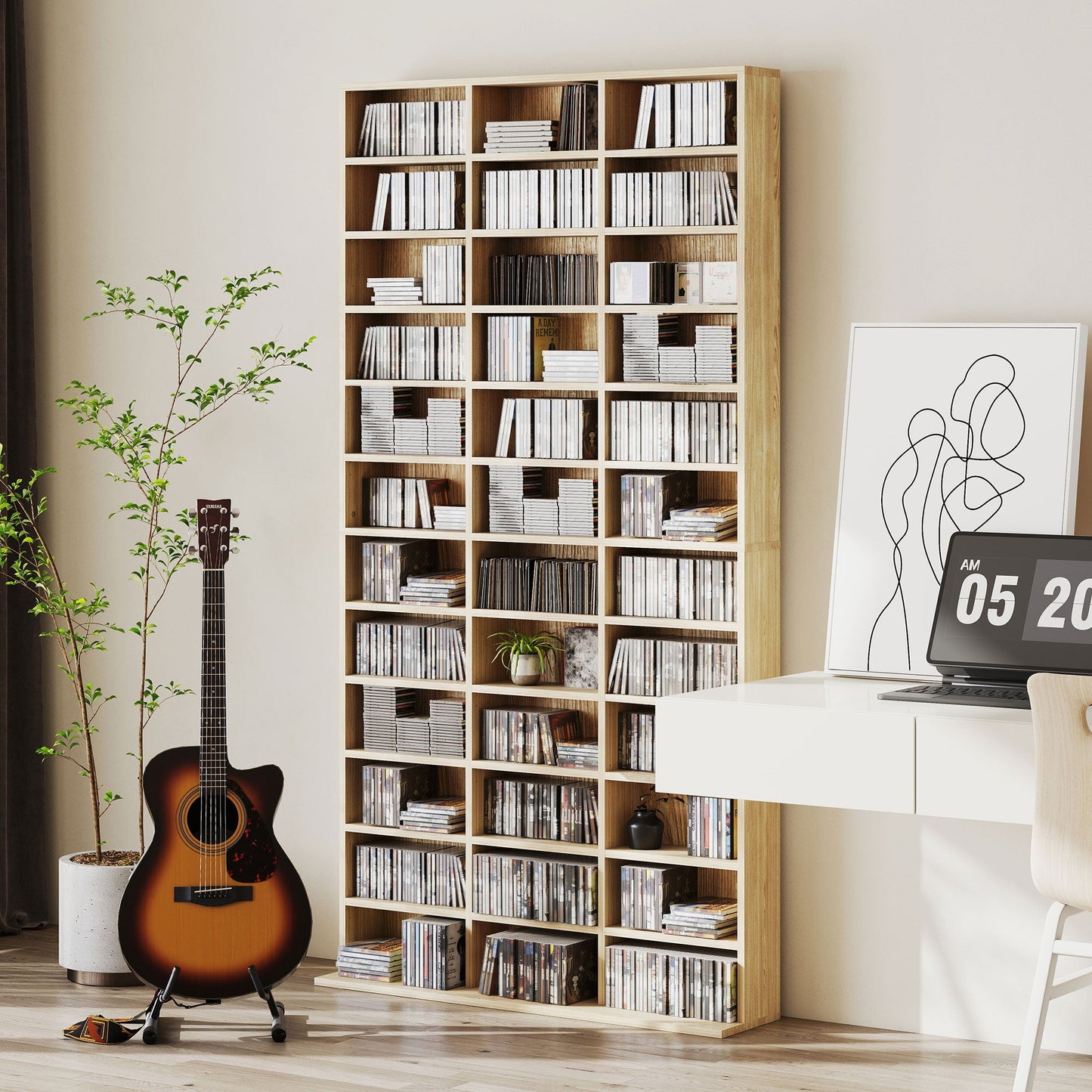 1116 CD/ 528 DVD Storage Unit, Media Storage Shelf, Wooden Display Unit with Adjustable Shelves, 102 x 195 cm, Oak Tone