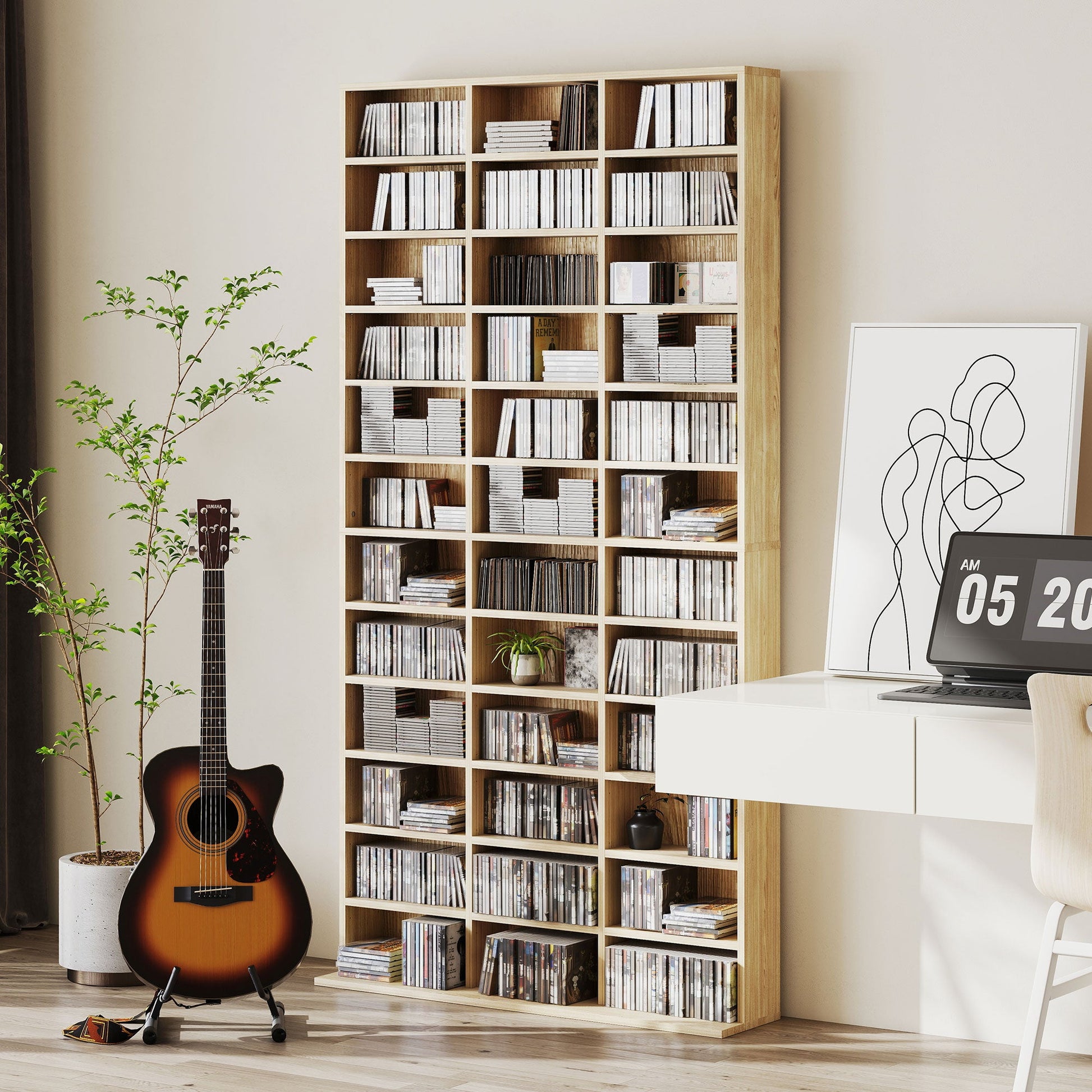 1116 CD/ 528 DVD Storage Unit, Media Storage Shelf, Wooden Display Unit with Adjustable Shelves, 102 x 195 cm, Oak Tone