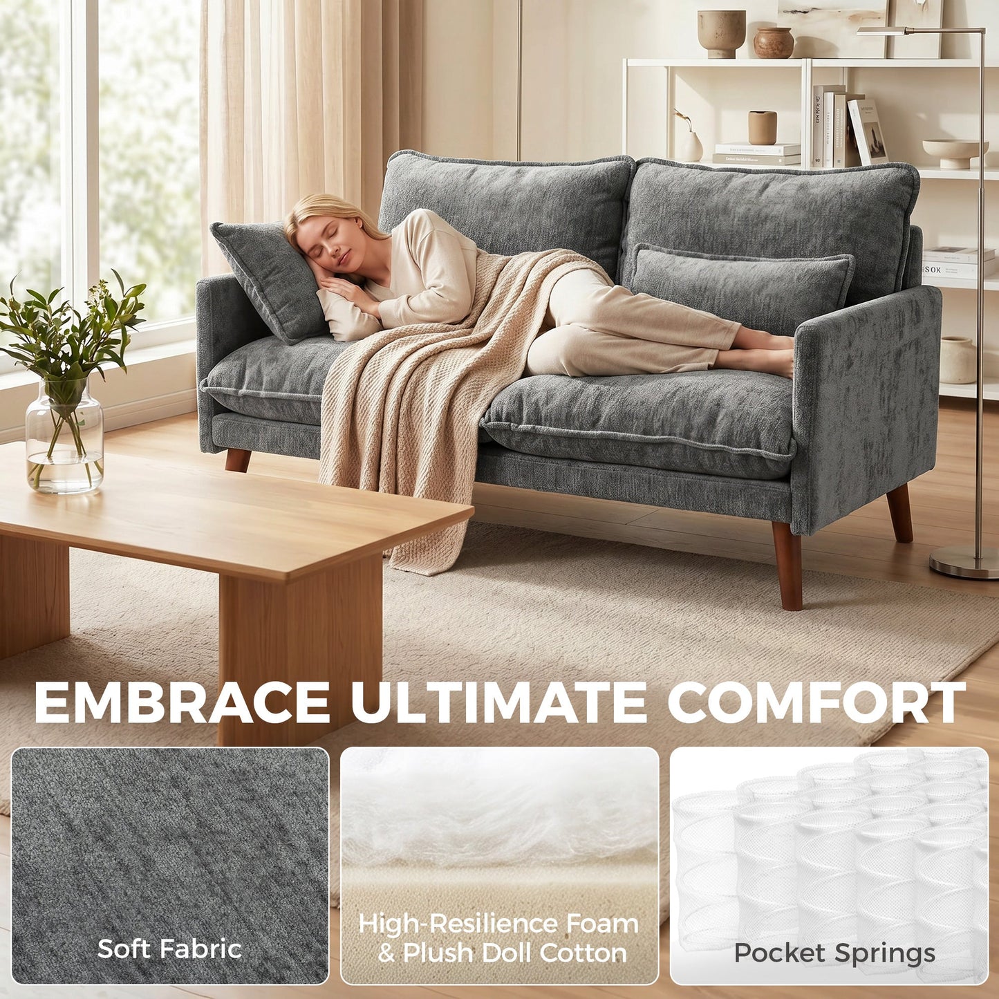 2 Seater Sofa, 131cm Velvet-Feel Fabric Loveseat Sofa with Spring Cushions, Wide and Deep Seat, Wood Legs, 2 Pillows, Modern Couch Settee for Small Space, Living Room, Bedroom, Office, Grey