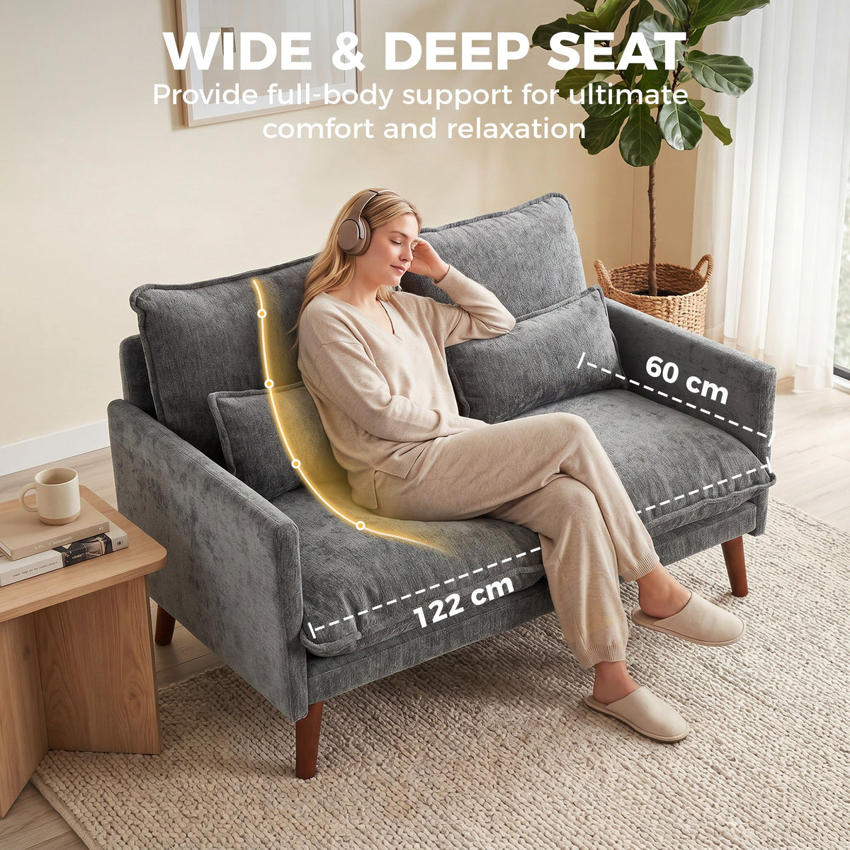 2 Seater Sofa, 131cm Velvet-Feel Fabric Loveseat Sofa with Spring Cushions, Wide and Deep Seat, Wood Legs, 2 Pillows, Modern Couch Settee for Small Space, Living Room, Bedroom, Office, Grey