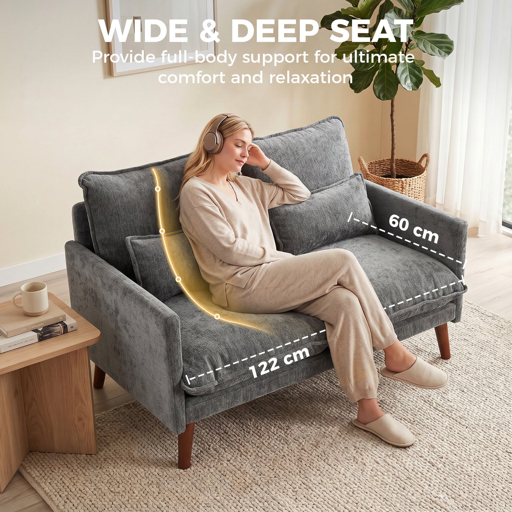 2 Seater Sofa, 131cm Velvet-Feel Fabric Loveseat Sofa with Spring Cushions, Wide and Deep Seat, Wood Legs, 2 Pillows, Modern Couch Settee for Small Space, Living Room, Bedroom, Office, Grey