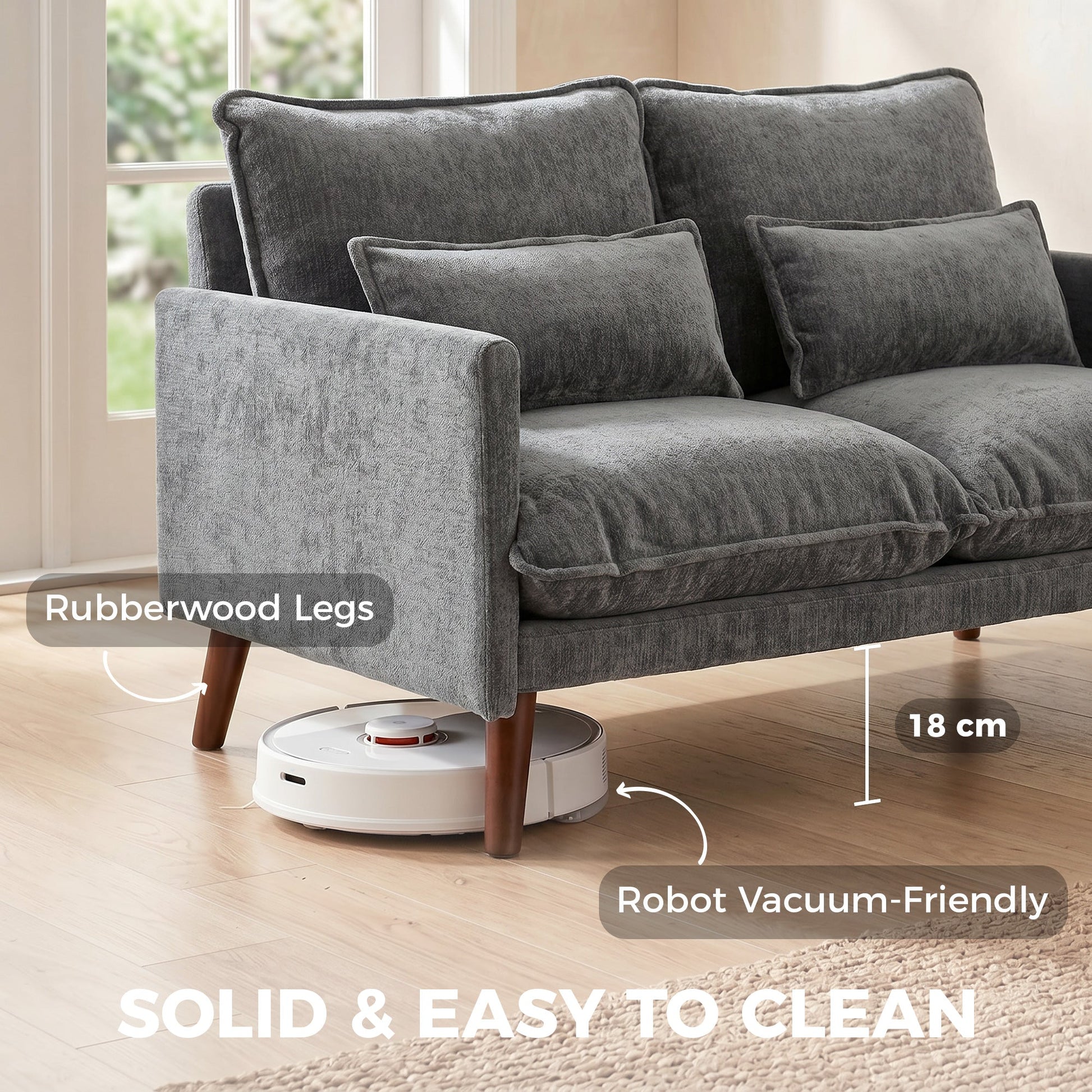 2 Seater Sofa, 131cm Velvet-Feel Fabric Loveseat Sofa with Spring Cushions, Wide and Deep Seat, Wood Legs, 2 Pillows, Modern Couch Settee for Small Space, Living Room, Bedroom, Office, Grey