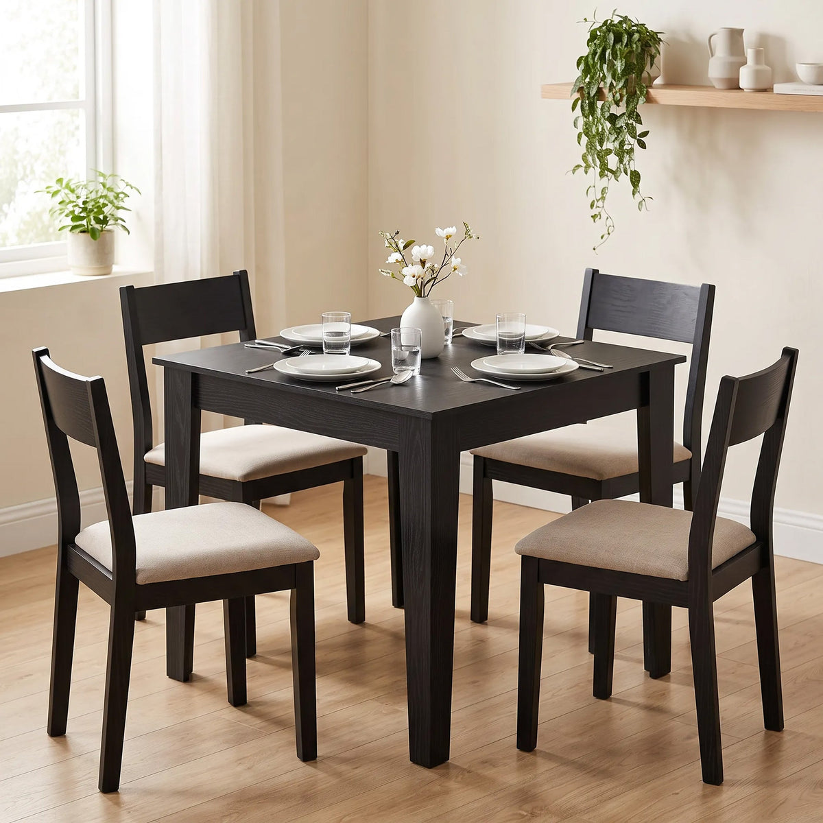 Dining Table for 4, 80L x 80W x 75Hcm, Modern Square Kitchen Table with Wood Effect Tabletop, for Dining Room, Kitchen, Living Room, Black Wood Effect