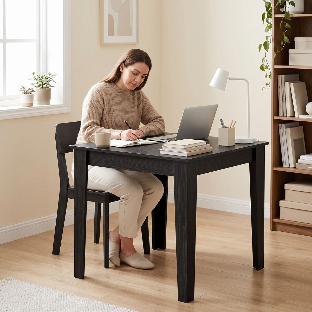 Dining Table for 4, 80L x 80W x 75Hcm, Modern Square Kitchen Table with Wood Effect Tabletop, for Dining Room, Kitchen, Living Room, Black Wood Effect