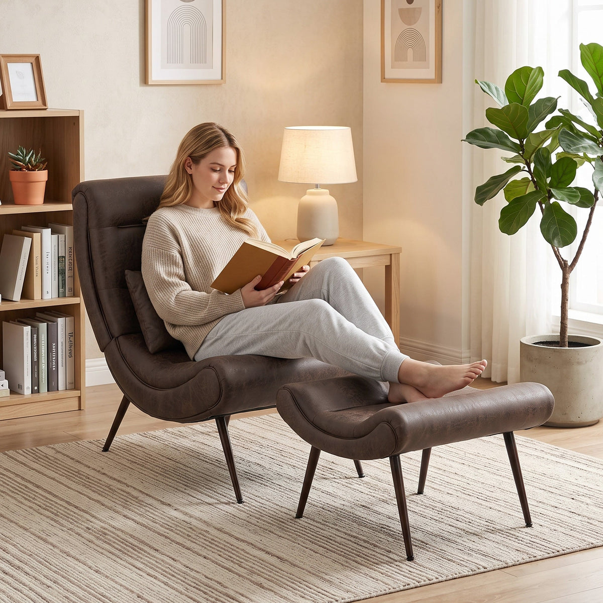 Modern Accent Chair with Footstool, Upholstered Lounge Chair with 64cm Wide Seat, Lumbar Pillow, Trapezoidal Backrest, Wood-Effect Steel Legs, Reading Seat for Living Room, Study, Dark Brown