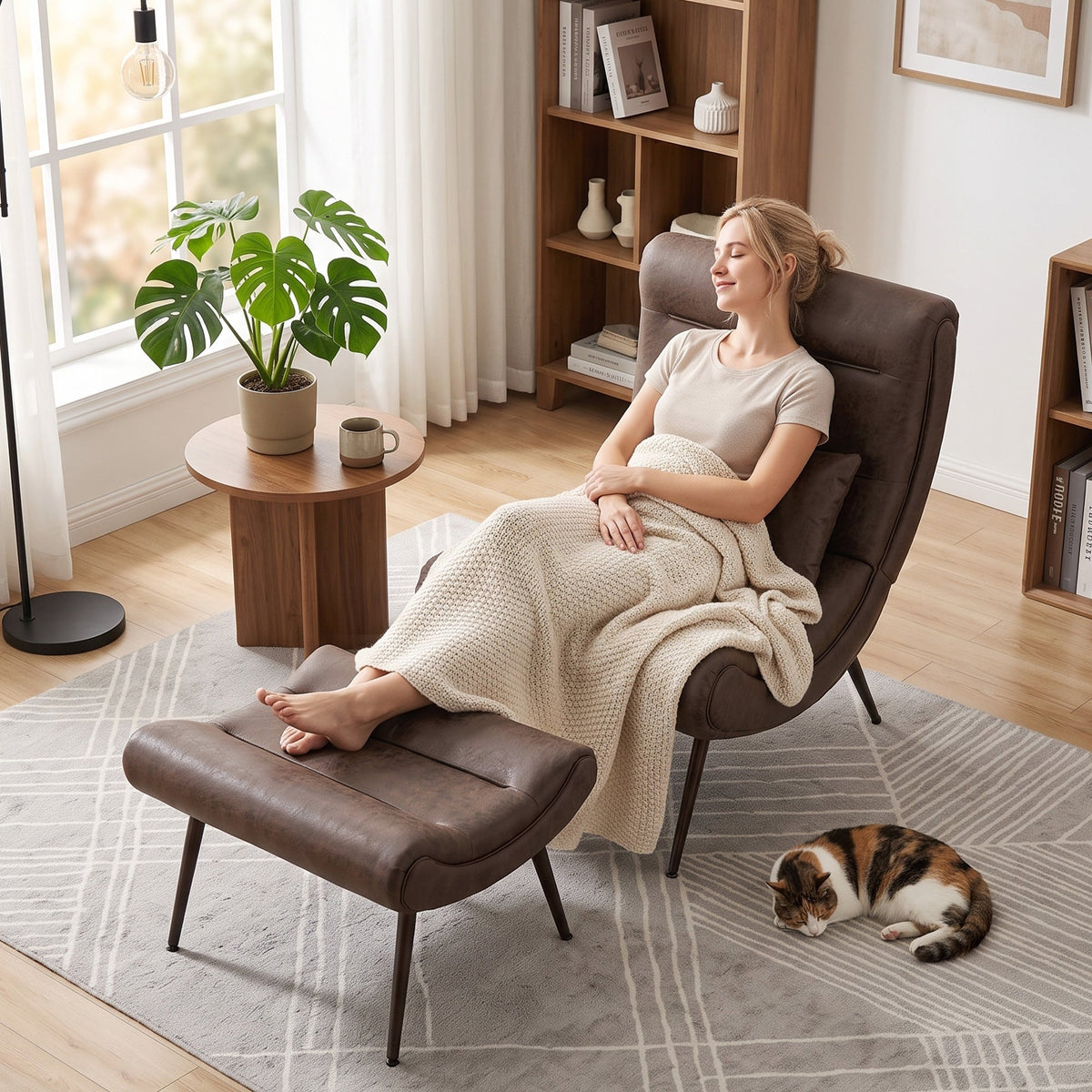 Modern Accent Chair with Footstool, Upholstered Lounge Chair with 64cm Wide Seat, Lumbar Pillow, Trapezoidal Backrest, Wood-Effect Steel Legs, Reading Seat for Living Room, Study, Dark Brown