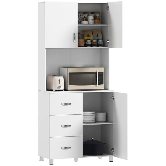 183.5cm Free standing Kitchen Cupboard, Storage Cabinet with Doors and Sheleves, 3 drawers and Open Space, Adjustable Height Storage Unit, White