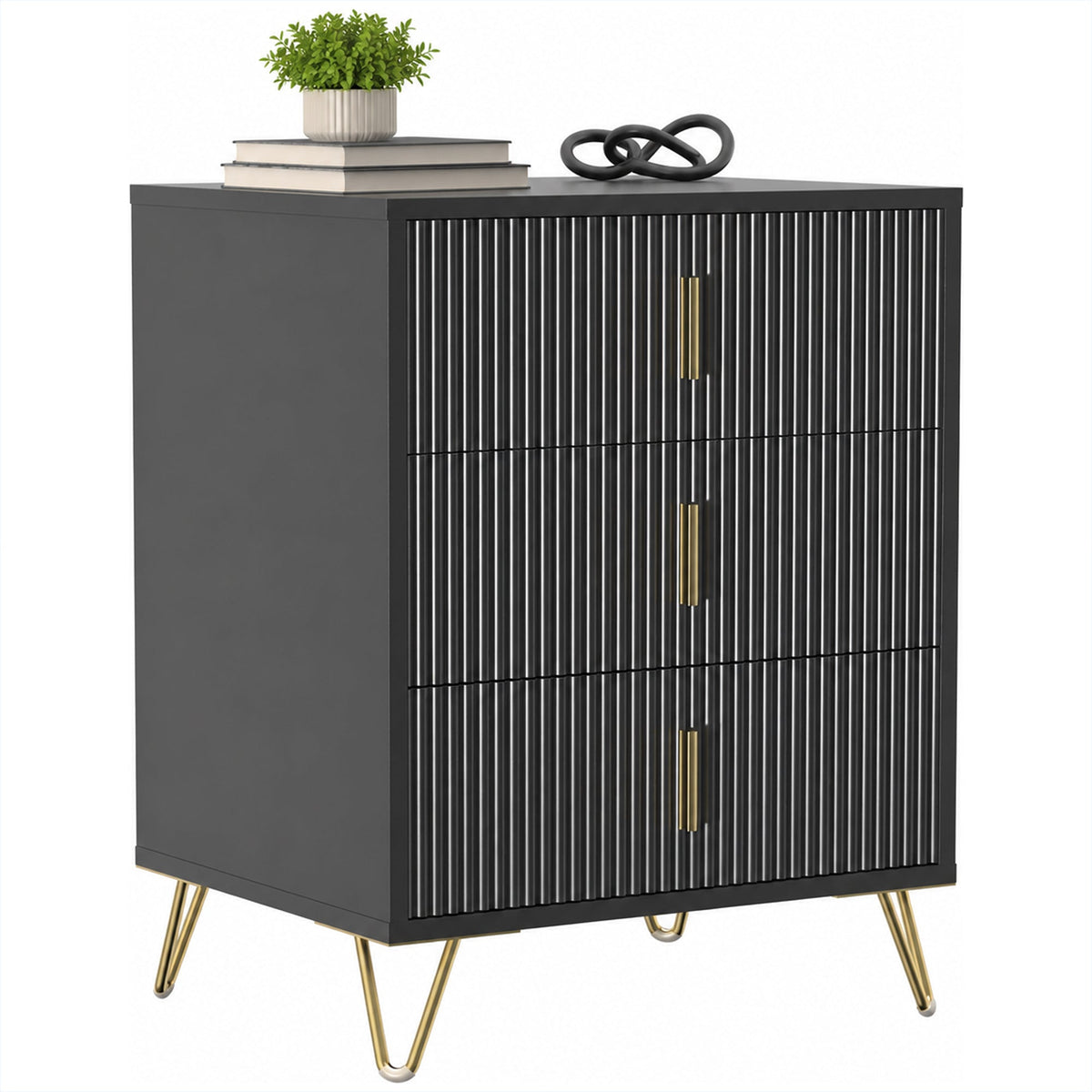 Modern 3 Drawer Dresser, Fluted Bedroom Dresser Chest of Drawers with Metal Legs and Steel Handles for Bedroom, Black