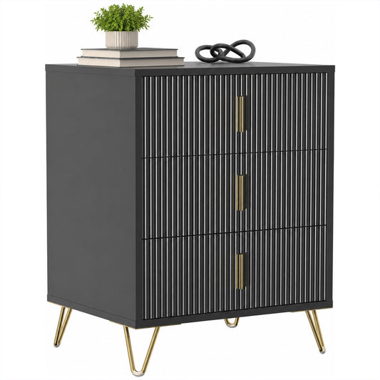Modern 3 Drawer Dresser, Fluted Bedroom Dresser Chest of Drawers with Metal Legs and Steel Handles for Bedroom, Black