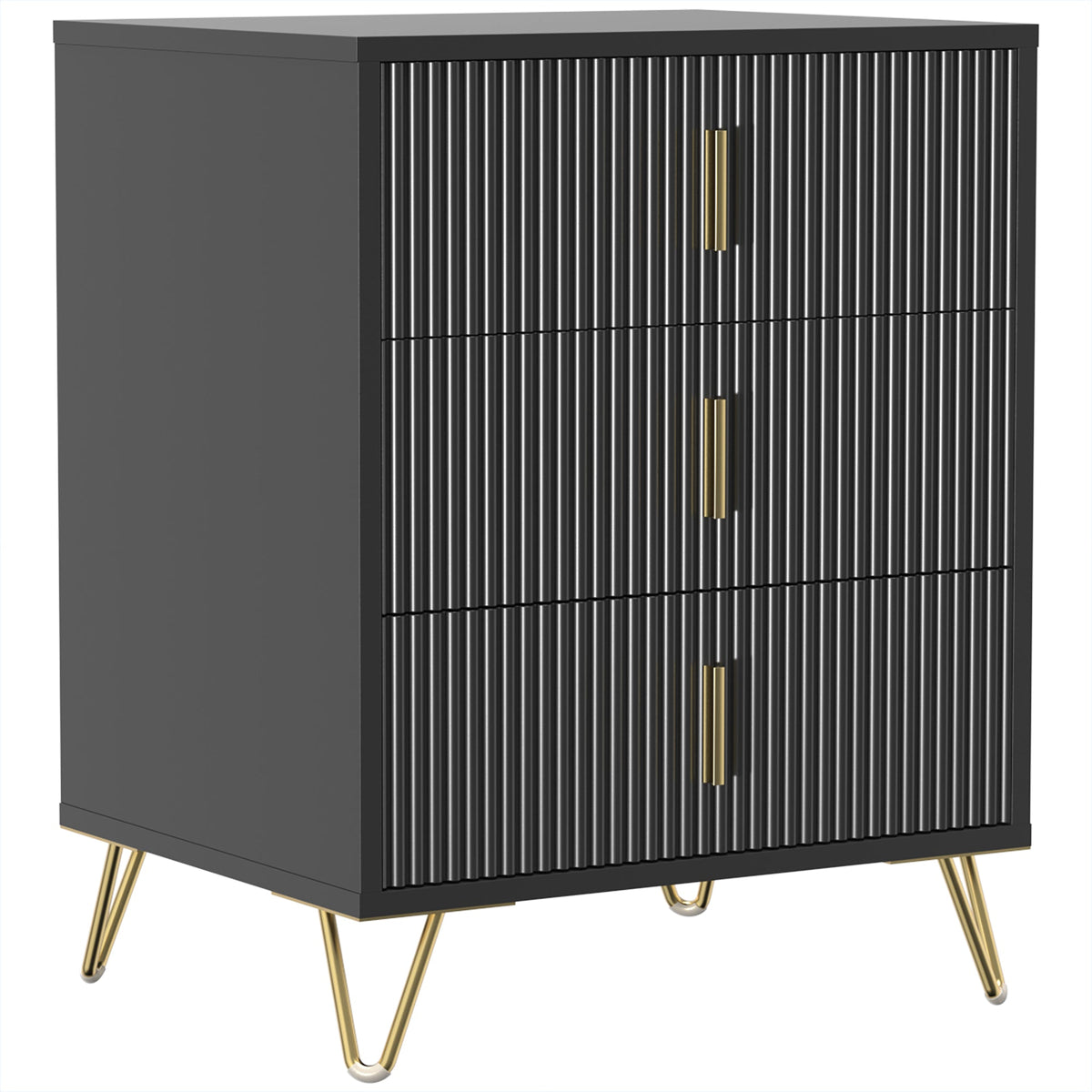 Modern 3 Drawer Dresser, Fluted Bedroom Dresser Chest of Drawers with Metal Legs and Steel Handles for Bedroom, Black
