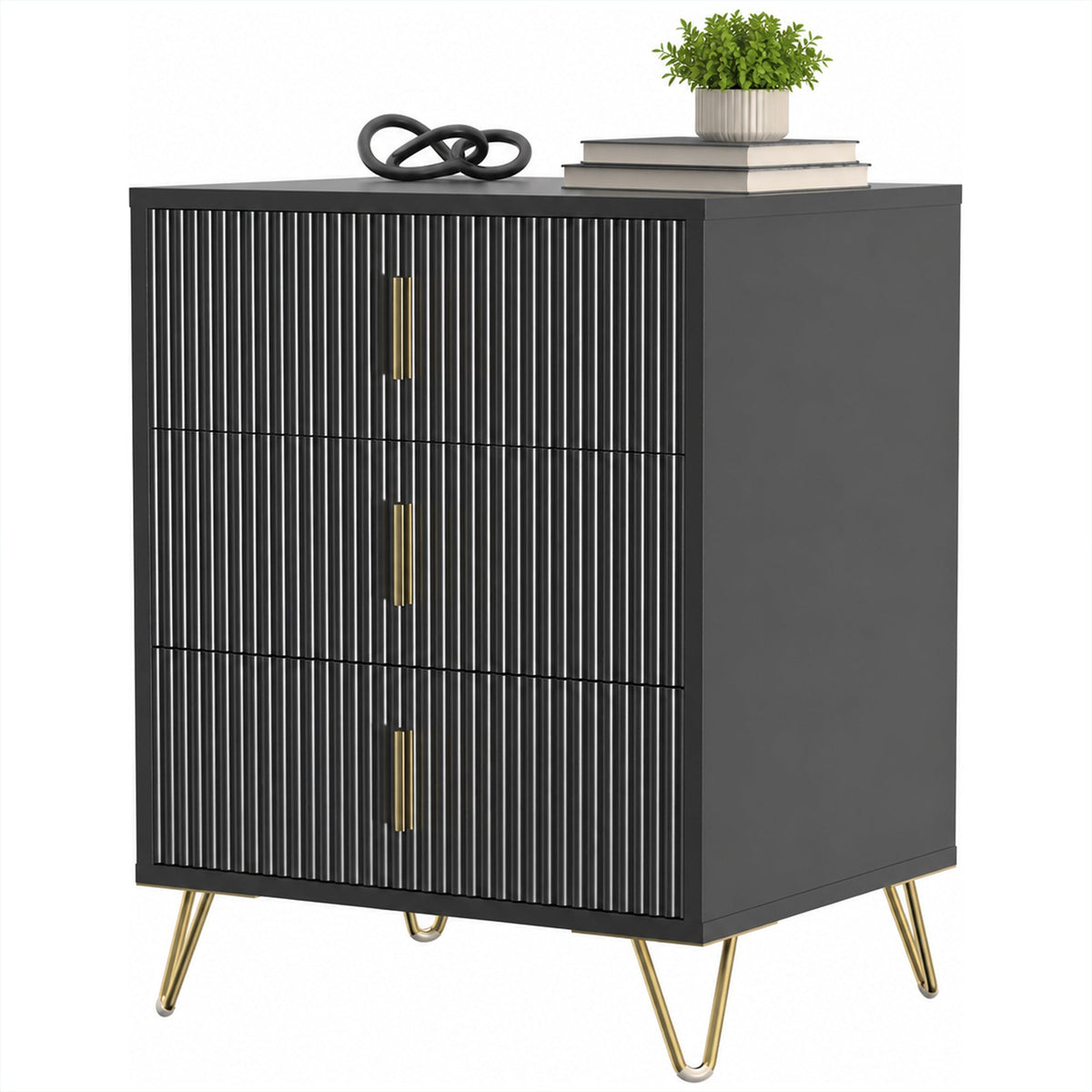 Modern 3 Drawer Dresser, Fluted Bedroom Dresser Chest of Drawers with Metal Legs and Steel Handles for Bedroom, Black