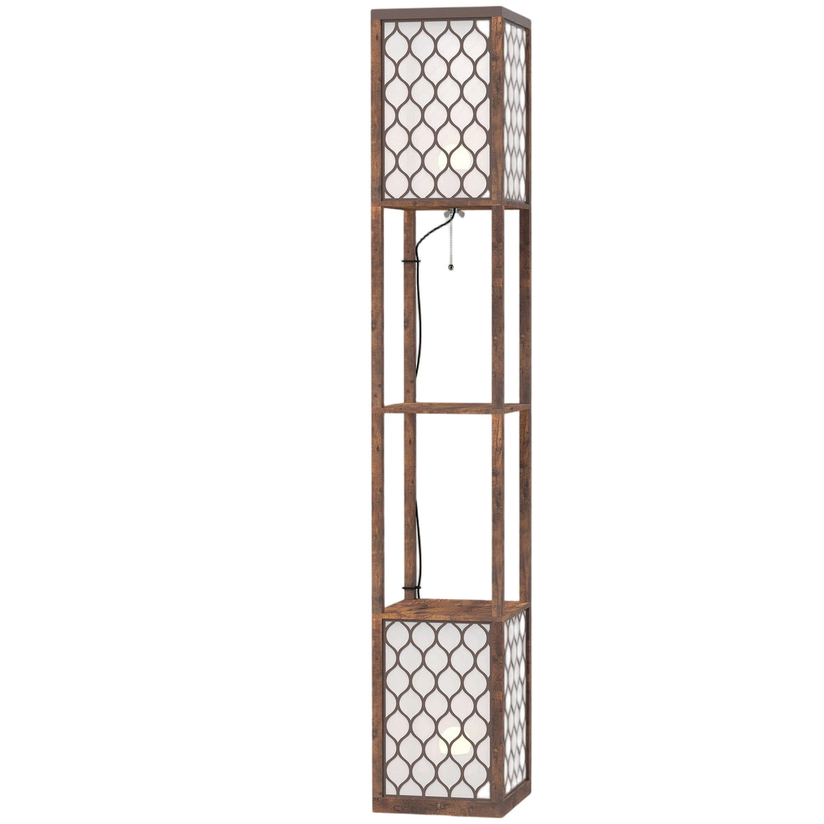 Floor Lamp with Shelves, Modern Tall Standing Lamp with Fabric Lampshades, Zipper Switch and Dual Light for Living Room and Bedroom, Bulbs Not Included, Rustic Brown