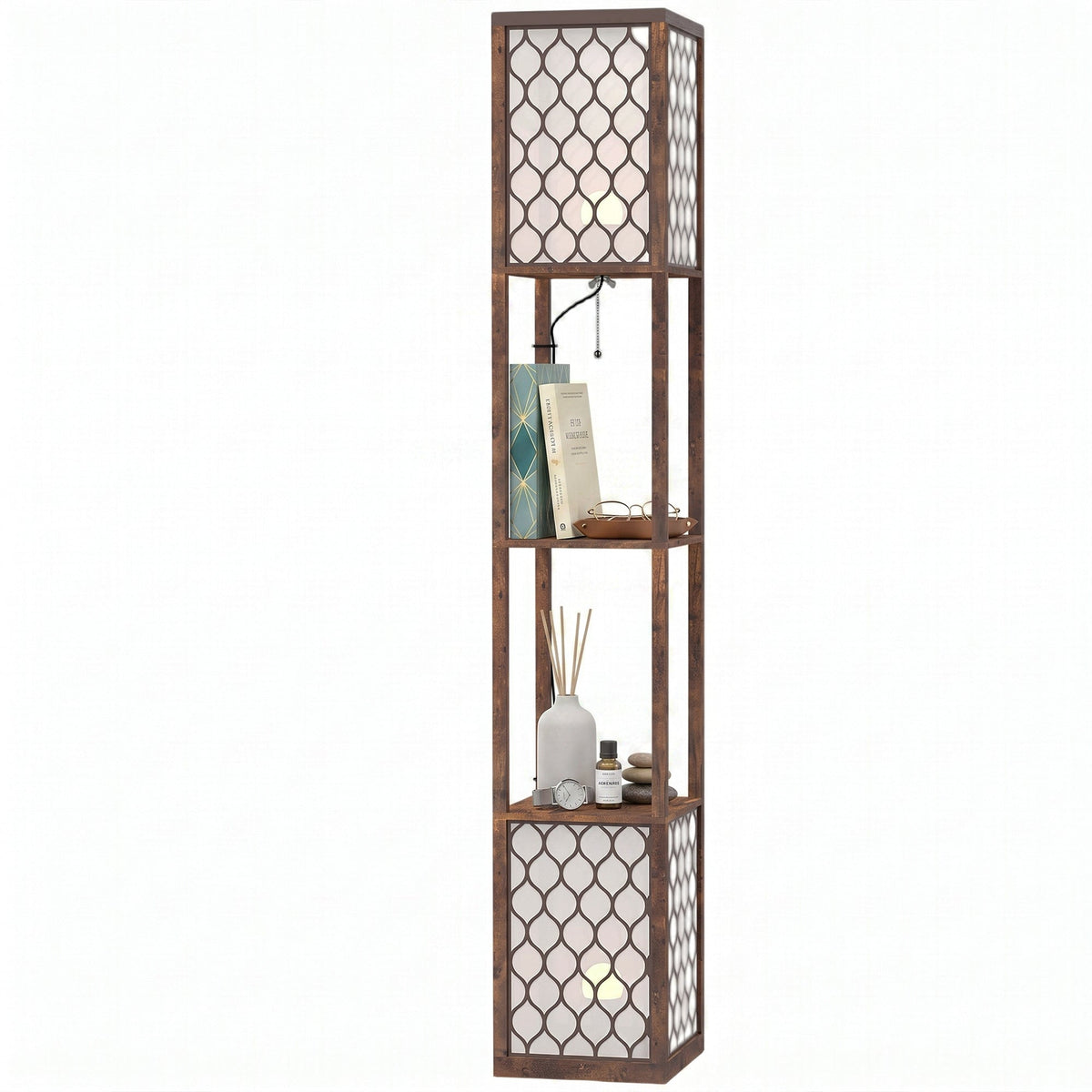 Floor Lamp with Shelves, Modern Tall Standing Lamp with Fabric Lampshades, Zipper Switch and Dual Light for Living Room and Bedroom, Bulbs Not Included, Rustic Brown