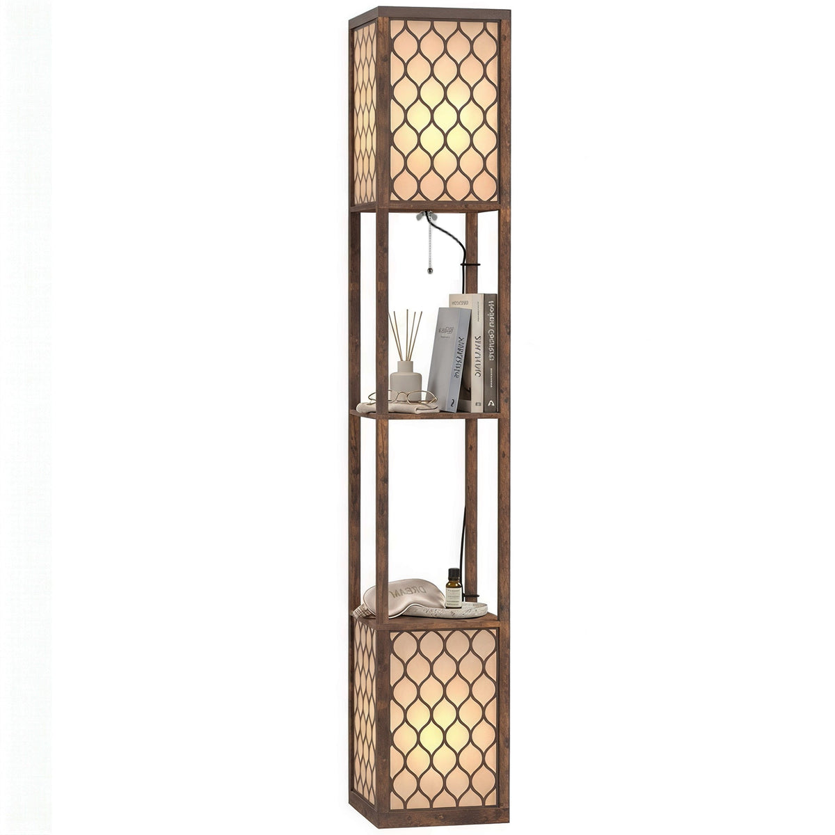 Floor Lamp with Shelves, Modern Tall Standing Lamp with Fabric Lampshades, Zipper Switch and Dual Light for Living Room and Bedroom, Bulbs Not Included, Rustic Brown