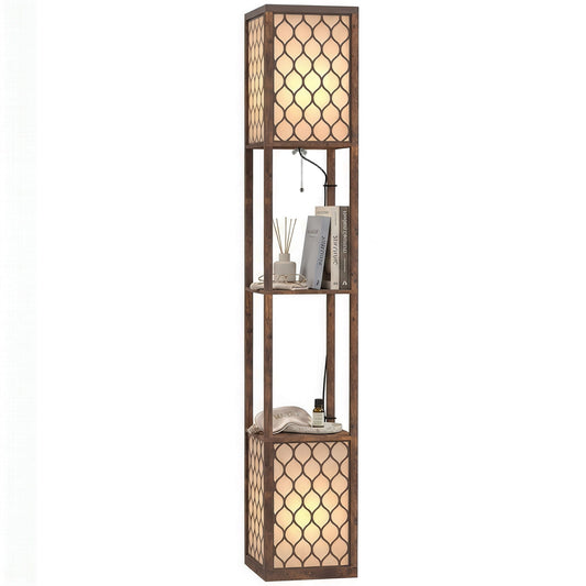 Floor Lamp with Shelves, Modern Tall Standing Lamp with Fabric Lampshades, Zipper Switch and Dual Light for Living Room and Bedroom, Bulbs Not Included, Rustic Brown