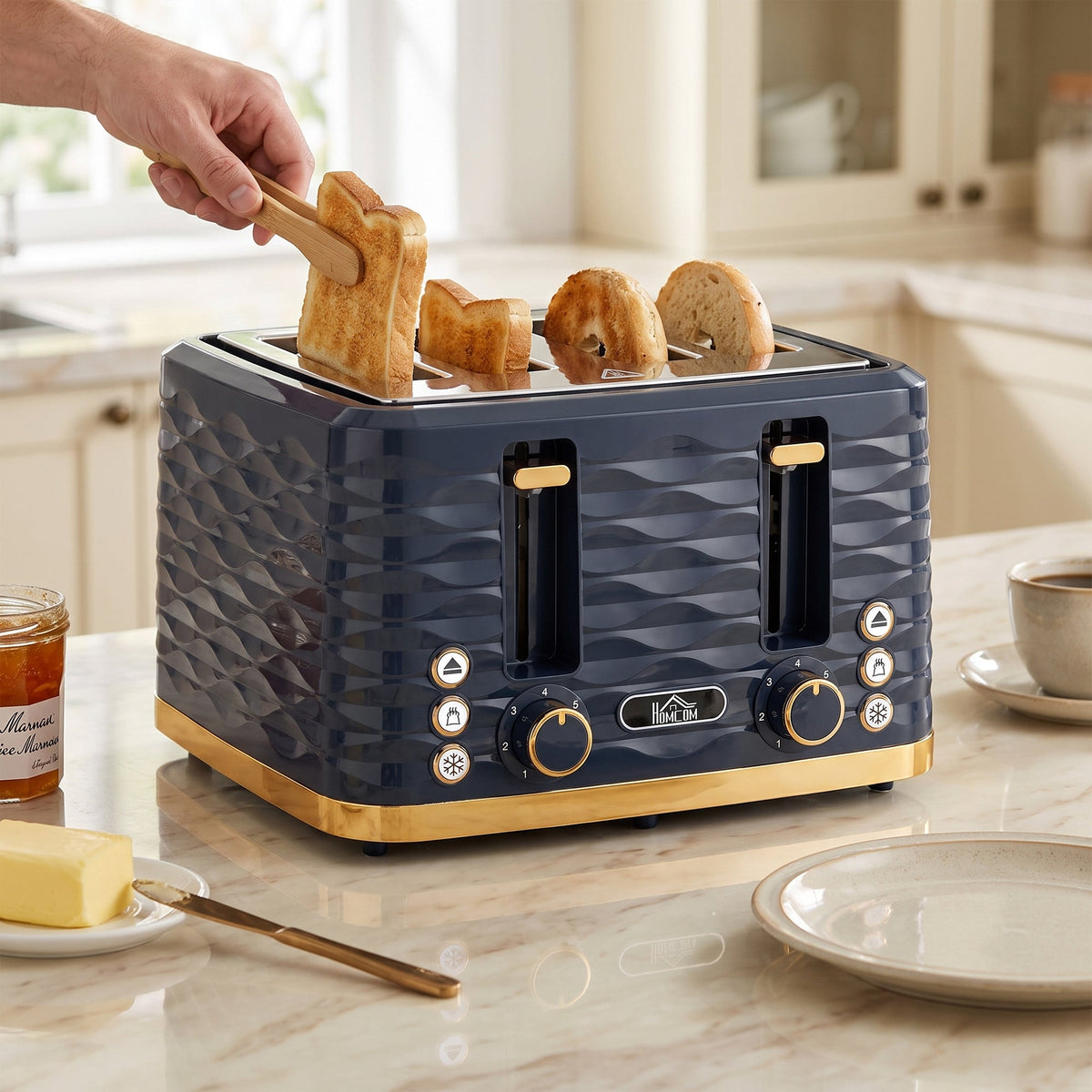 4 Slice Toaster with 7 Browning Levels, High Lift, Reheat/Defrost/Cancel, Self-centring Function, Removable Crumb Tray, Water Ripple Texture, Dark Blue