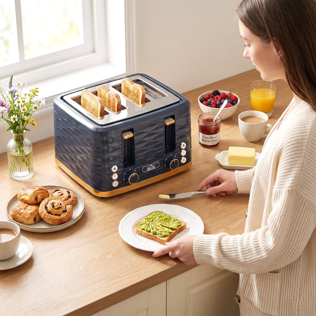 4 Slice Toaster with 7 Browning Levels, High Lift, Reheat/Defrost/Cancel, Self-centring Function, Removable Crumb Tray, Water Ripple Texture, Dark Blue