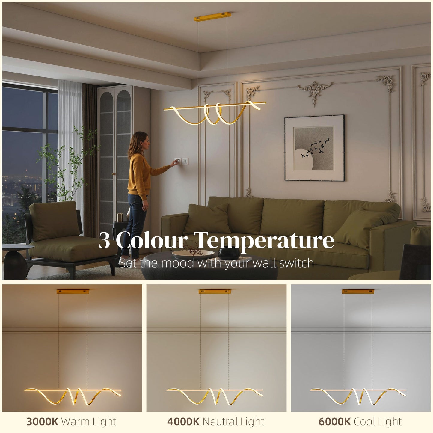 LED Pendant Light, Modern Ceiling Light with 3000K/4000K/6000K Temperatures, Adjustable Height Hanging Fixture with Wall Switch for Kitchen Island, Dining Room, Gold Tone