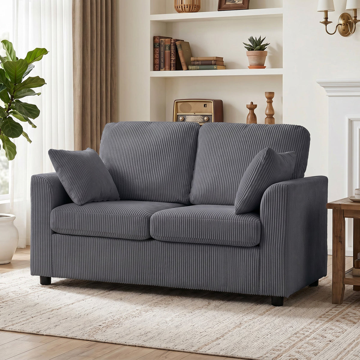 2 Seater Sofa, 144cm Corduroy Small Couch with Spring Cushion, Wide and Deep Seat, Plush Backrest, 2 Pillows, Loveseat Sofa Settee for Small Space, Living Room, Bedroom, Home Office, Dark Grey