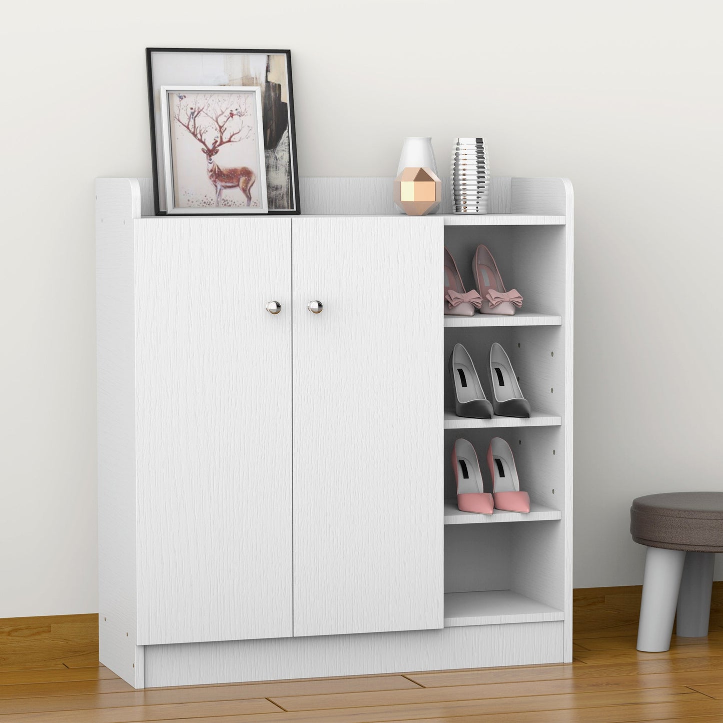HOMCOM Shoe Storage Cabinet  Two Doors w/ Adjustable 4 Shelves Cupboard Footwear Rack Stand Organiser Hallway White