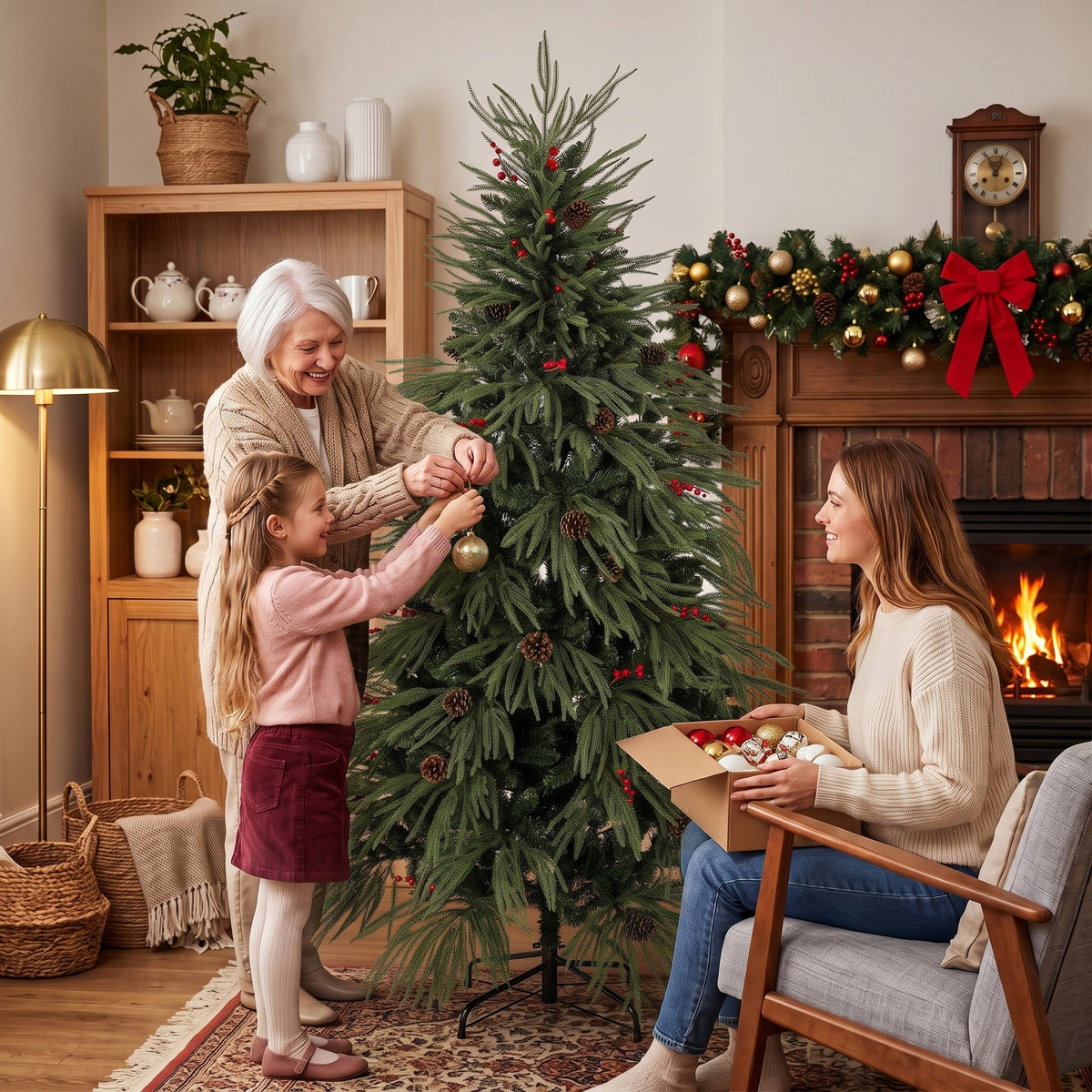 6ft Artificial Christmas Tree with Pinecones, Red Berries, Hinged Predecorated Xmas Tree with 2843 Branch Tips, Foldable Metal Base for Home Office Holiday Decoration, Green