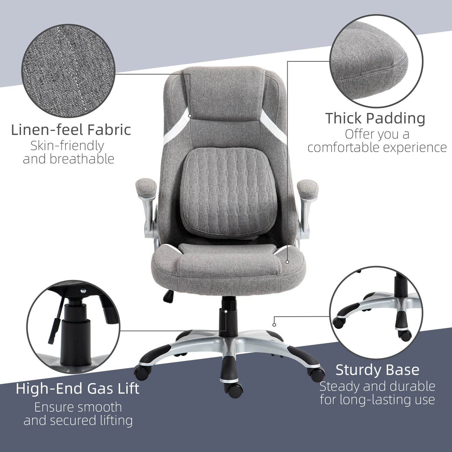 Vinsetto High Back Executive Office Chair, Fabric Office Desk Chair with Flip-up Armrests, Adjustable Lumbar Support and Tilt Function, Grey