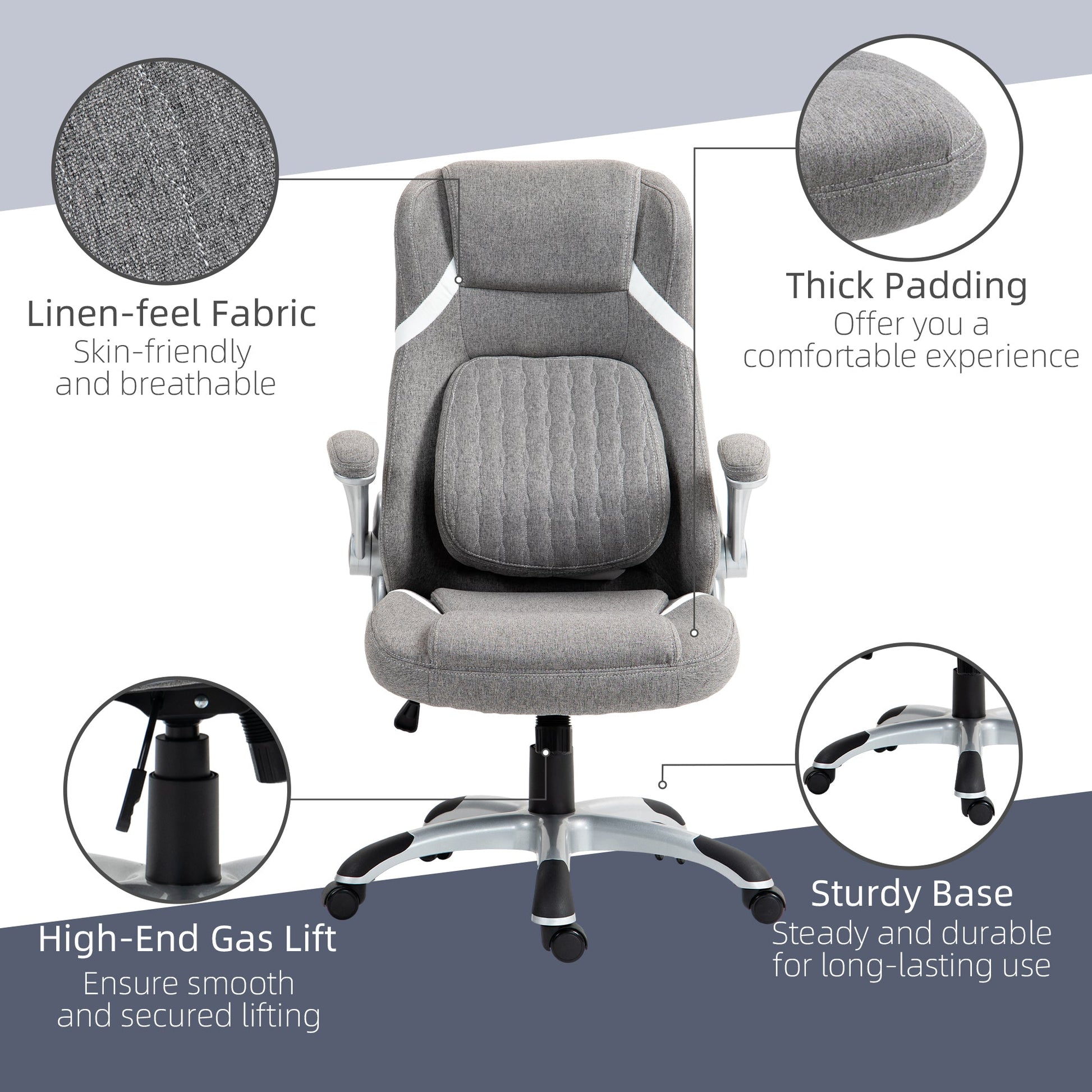 Vinsetto High Back Executive Office Chair, Fabric Office Desk Chair with Flip-up Armrests, Adjustable Lumbar Support and Tilt Function, Grey