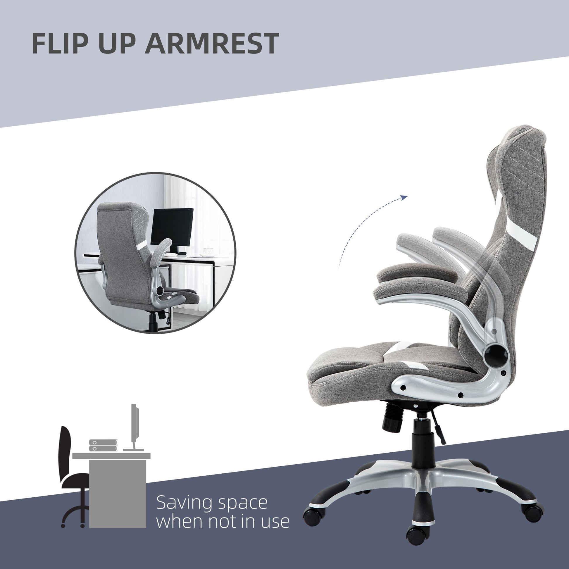 Vinsetto High Back Executive Office Chair, Fabric Office Desk Chair with Flip-up Armrests, Adjustable Lumbar Support and Tilt Function, Grey