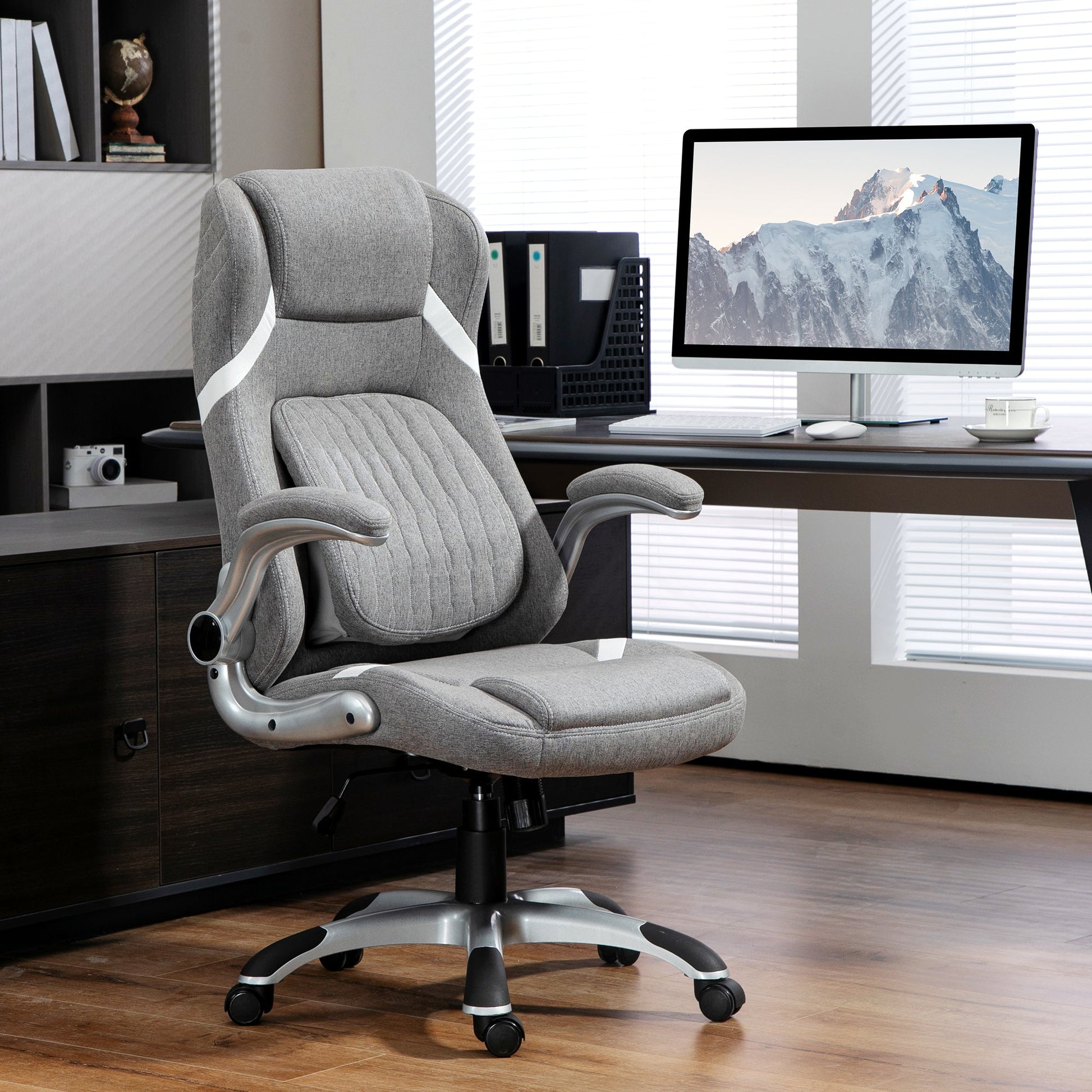Vinsetto High Back Executive Office Chair, Fabric Office Desk Chair with Flip-up Armrests, Adjustable Lumbar Support and Tilt Function, Grey