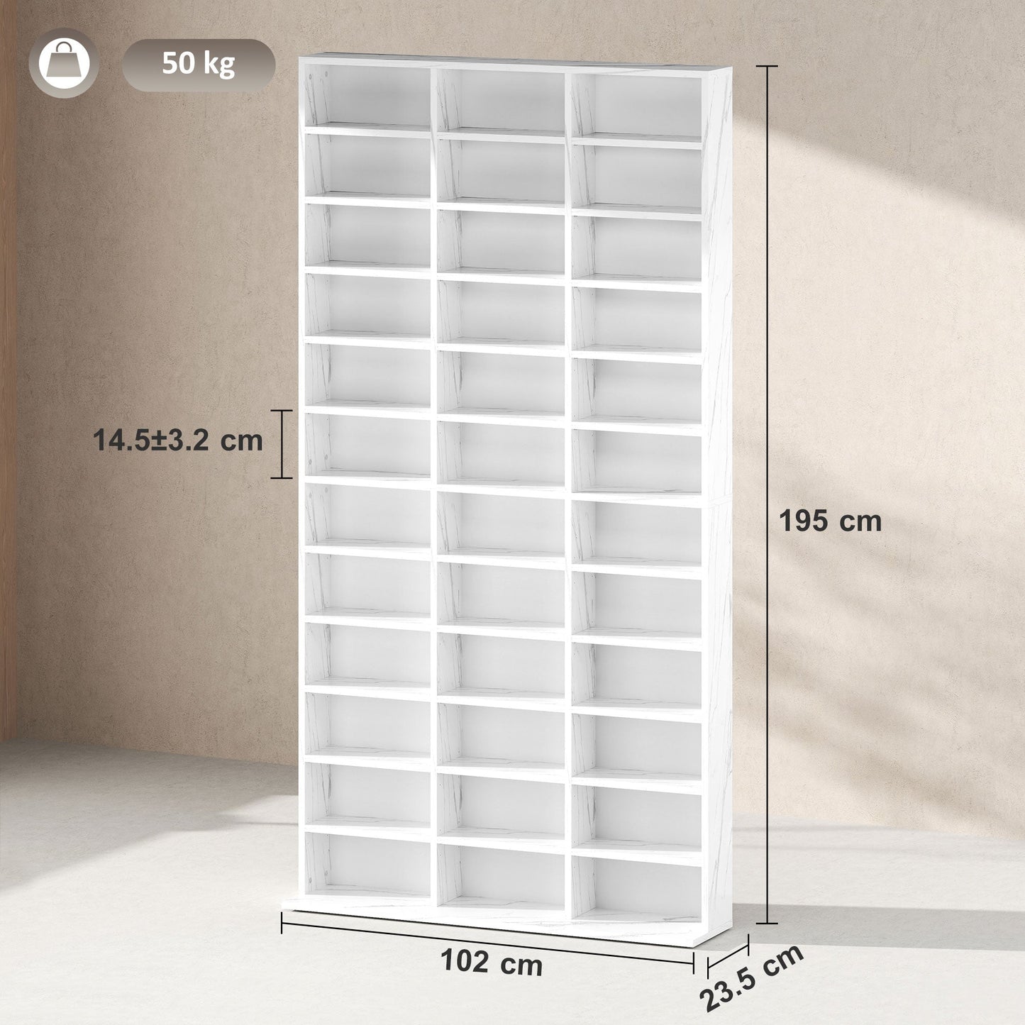 1116 CD/ 528 DVD Storage Unit, Media Storage Shelf, Wooden Display Unit with Adjustable Shelves, 102 x 195 cm, Marble Effect