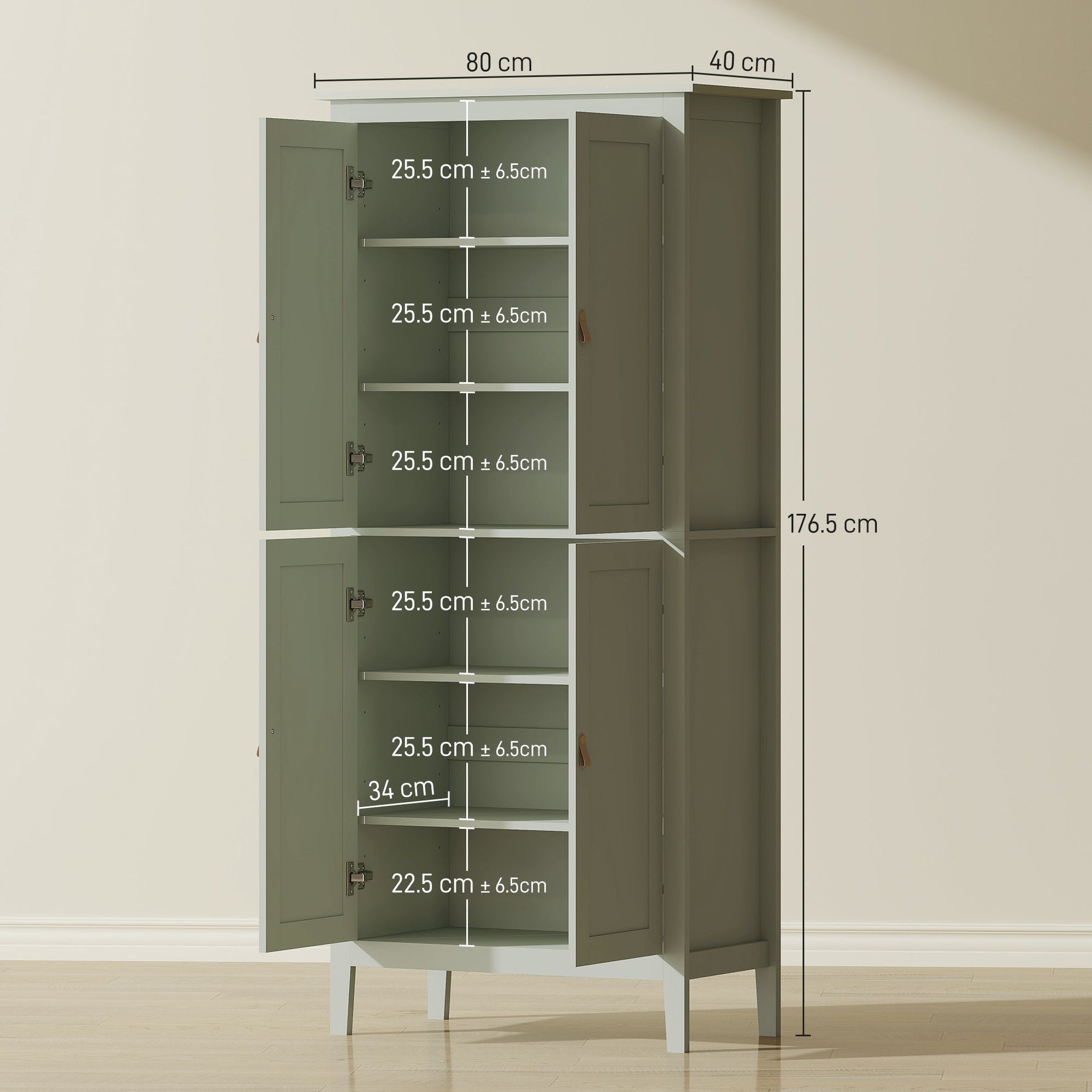 Tall Kitchen Cupboard with Motion Sensor LED Light, 3-Colour Dimmable Lighting, 177 cm Freestanding Storage Cabinet with Doors and Adjustable Shelves, Green