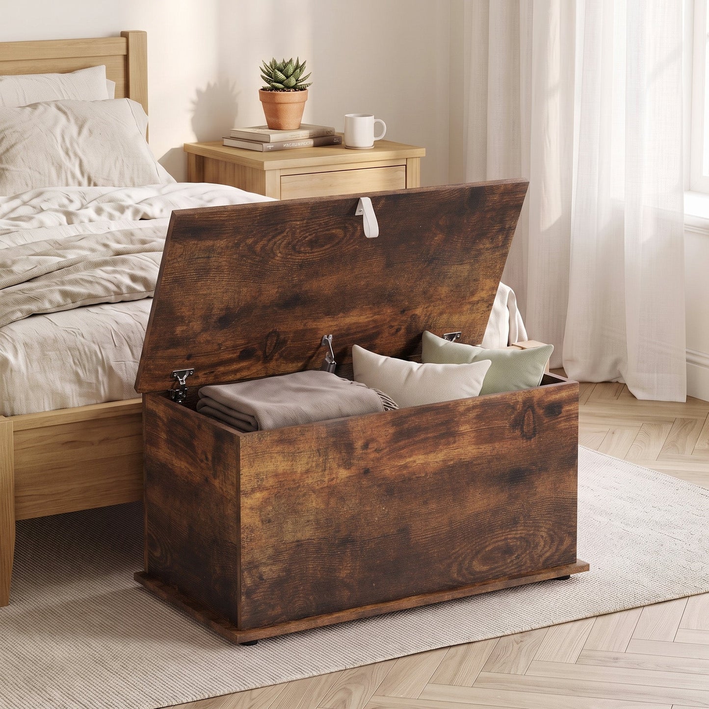 Storage Chest, Large 102L Blanket Box, Shoe Bench with Safety Hinged Lid, Storage Trunk, Bed End Bench for Bedroom, Hallway, Living room, Playroom, 80 x 40 x 45cm, Rustic Brown