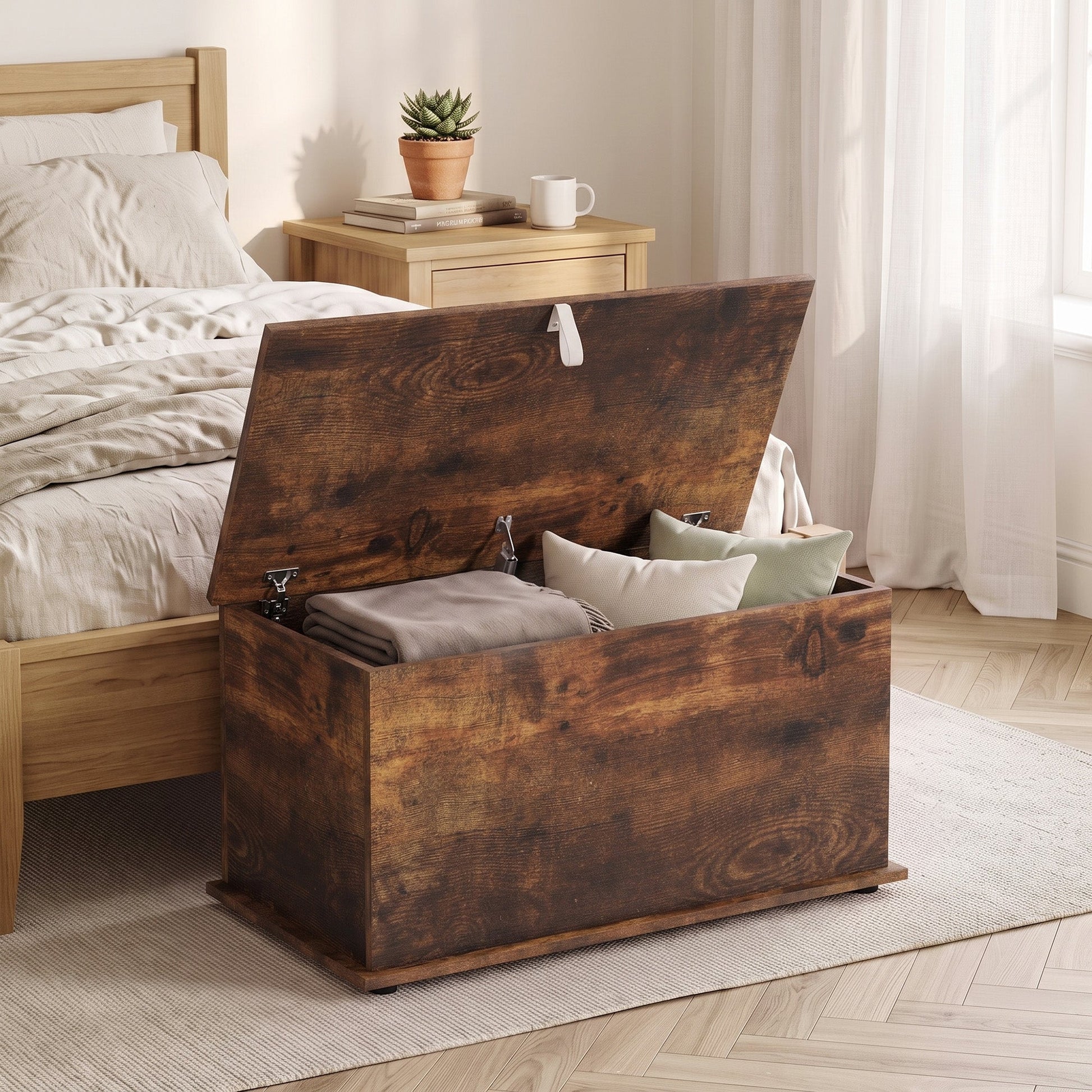 Storage Chest, Large 102L Blanket Box, Shoe Bench with Safety Hinged Lid, Storage Trunk, Bed End Bench for Bedroom, Hallway, Living room, Playroom, 80 x 40 x 45cm, Rustic Brown