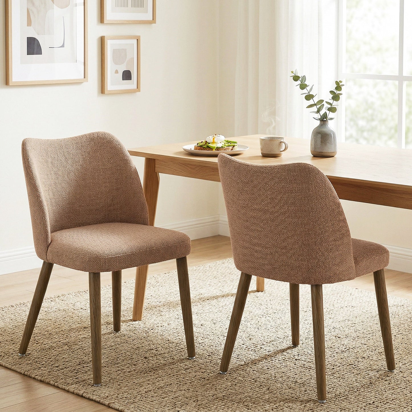 Dining Chairs Set of 2, Modern Linen Upholstered Kitchen Chairs with Padded Seat, Curved Backrest, Rubberwood Legs for Dining Room, Bedroom, Living Room, Easy Assembly, Brown