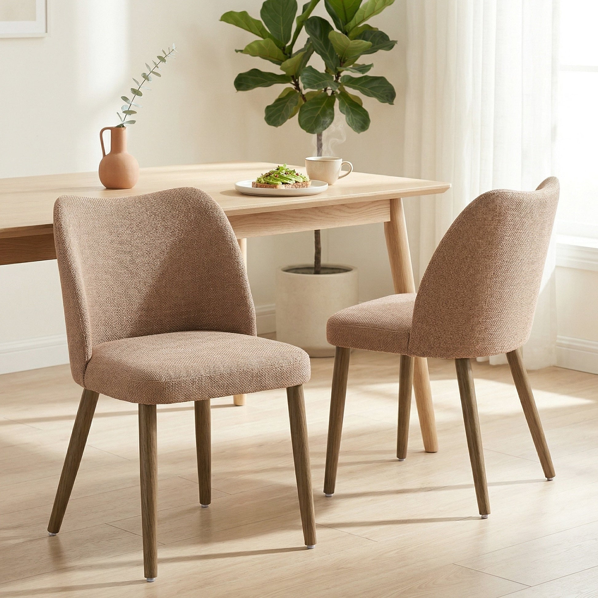 Dining Chairs Set of 2, Modern Linen Upholstered Kitchen Chairs with Padded Seat, Curved Backrest, Rubberwood Legs for Dining Room, Bedroom, Living Room, Easy Assembly, Brown