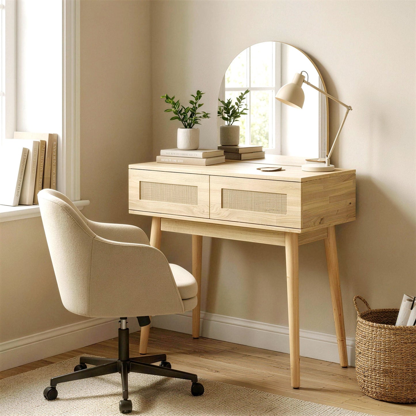 Dressing Table with Arched Mirror, Modern Compact Vanity Desk with 2 Drawers, Makeup Desk for Bedroom, Small Spaces, Women and Girls, Natural Wood Finish