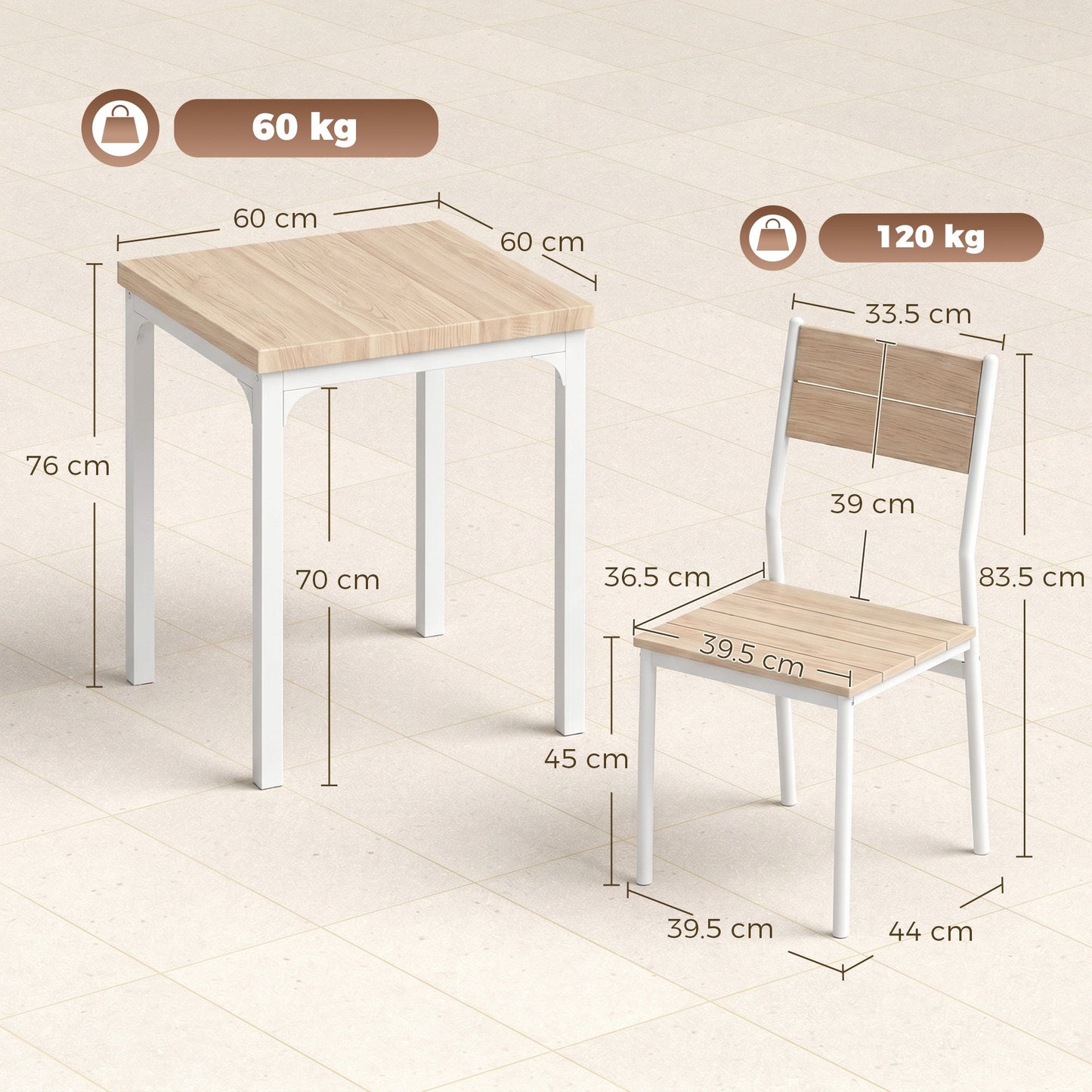3 Pieces Modern Dining Table Set, Kitchen Table and Chairs for 2, Space Saving Design, Breakfast Nook Table Set with Steel Legs for Kitchen, Small Space, Oak Wood Effect