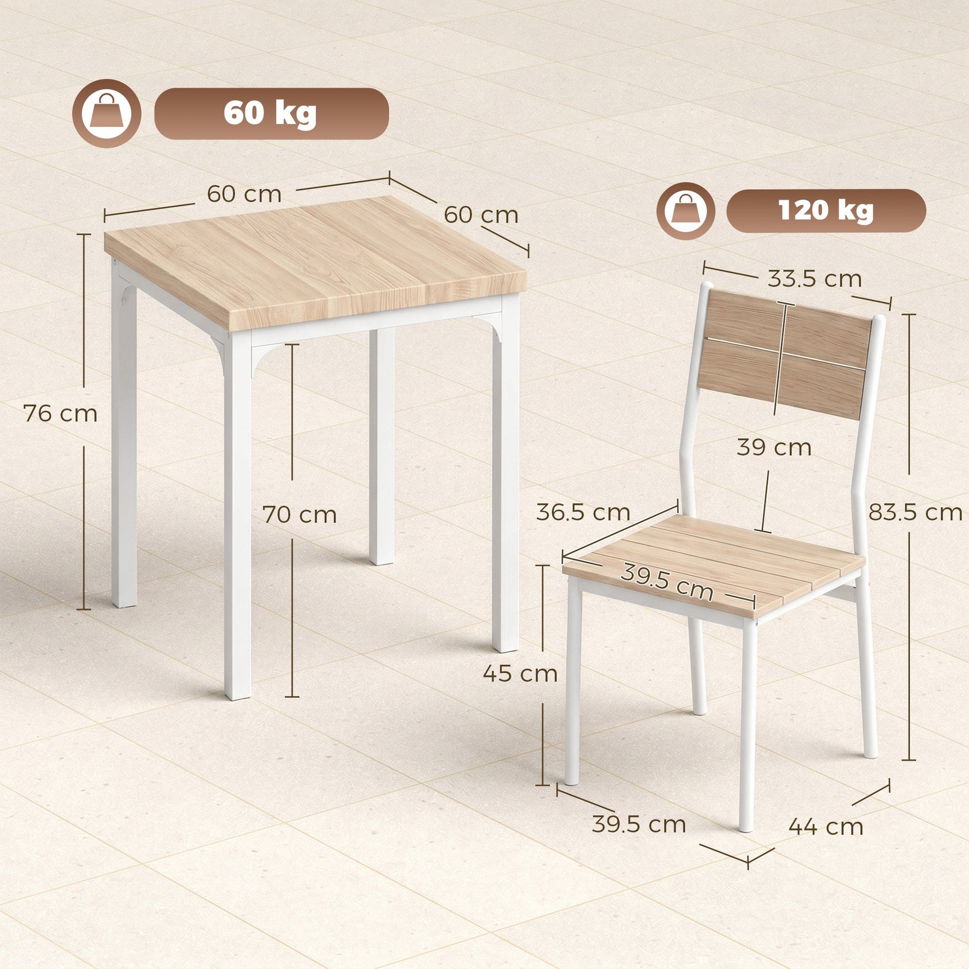 3 Pieces Modern Dining Table Set, Kitchen Table and Chairs for 2, Space Saving Design, Breakfast Nook Table Set with Steel Legs for Kitchen, Small Space, Oak Wood Effect