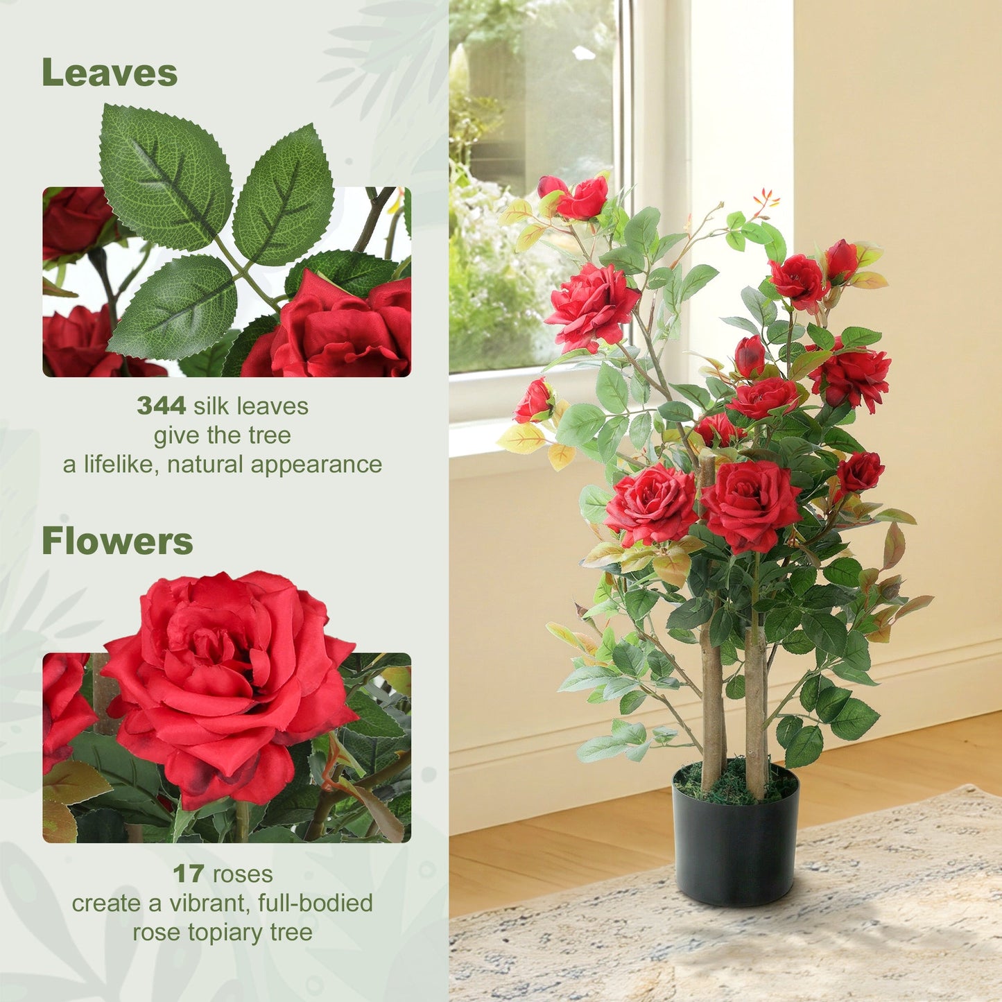 90cm Artificial Rose Tree, Decorative Fake Plant with 344 Silk Leaves and 17 Flowers, UV-Resistant Faux Tree for Outdoor Indoor Garden Porch Decor, Red
