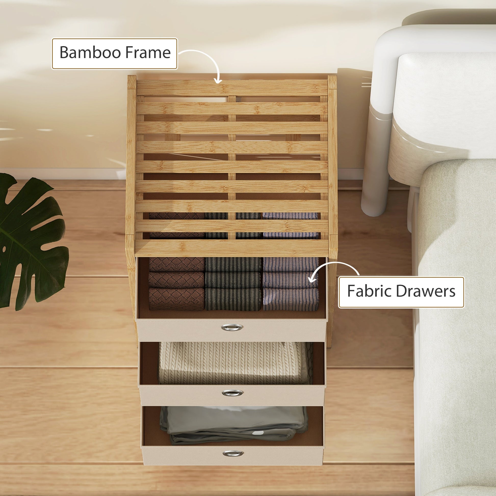 Chest of Drawers, 3 Fabric Drawers Dresser with Bamboo Frame, Narrow Storage Unit for Small Spaces, Bedroom, Living Room, Hallway, Cream White