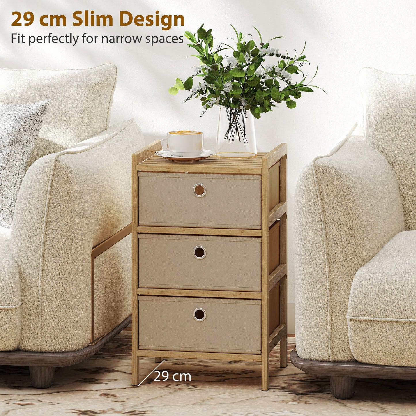 Chest of Drawers, 3 Fabric Drawers Dresser with Bamboo Frame, Narrow Storage Unit for Small Spaces, Bedroom, Living Room, Hallway, Cream White